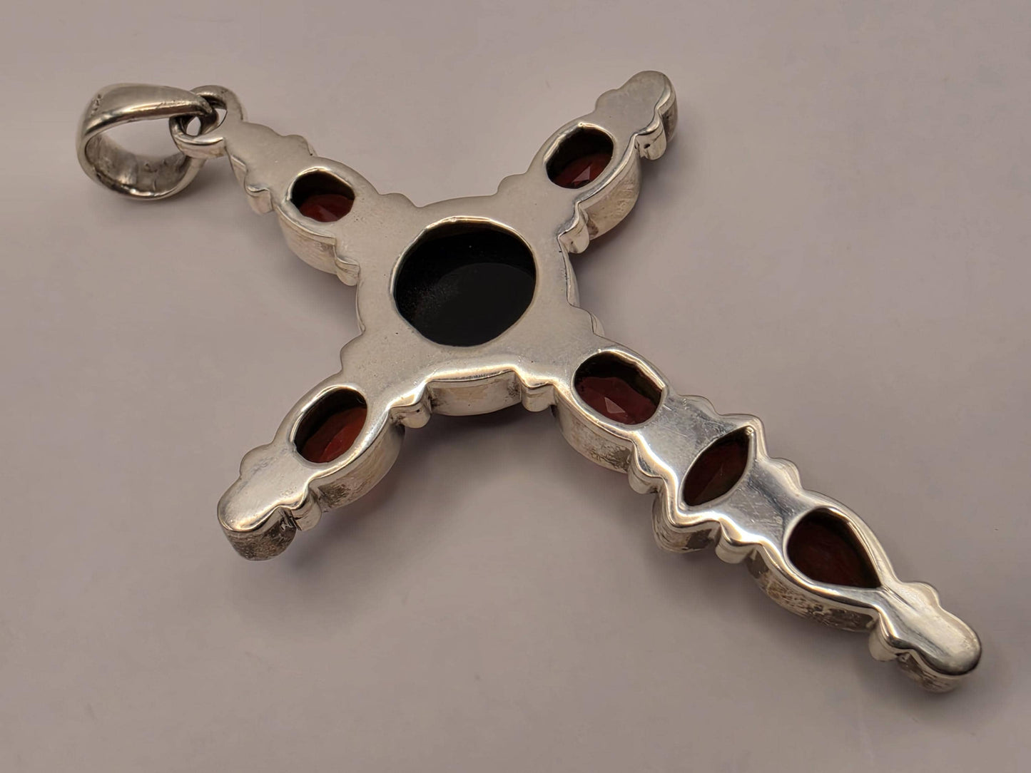 Genuine Carnelian Black Onyx Cross Pendant 925 Sterling Silver Mother of Pearl 2 Inch Bali Gemstone Religious Jewelry Gift