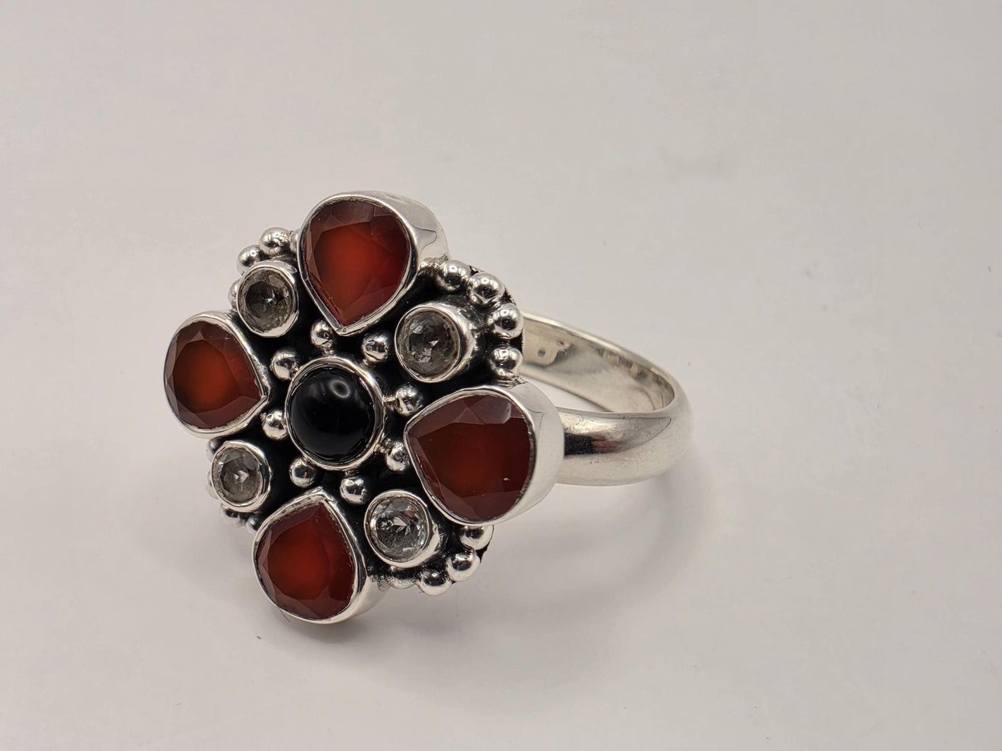 Genuine Carnelian Black Onyx Ring 925 Sterling Silver Size 10 CZ Floral Cluster Bali Statement Gemstone Jewelry Gift