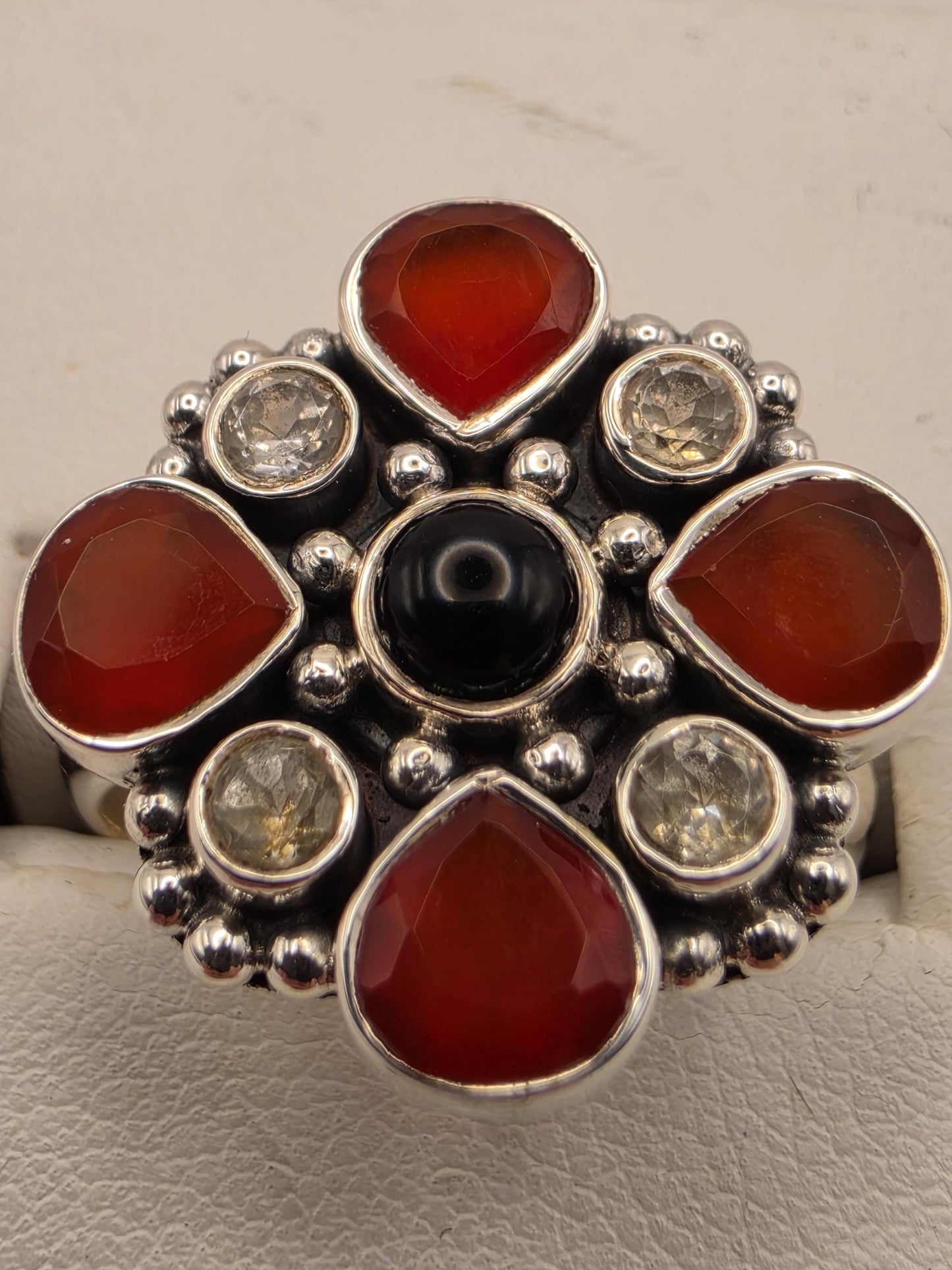 Genuine Carnelian Black Onyx Ring 925 Sterling Silver Size 10 CZ Floral Cluster Bali Statement Gemstone Jewelry Gift