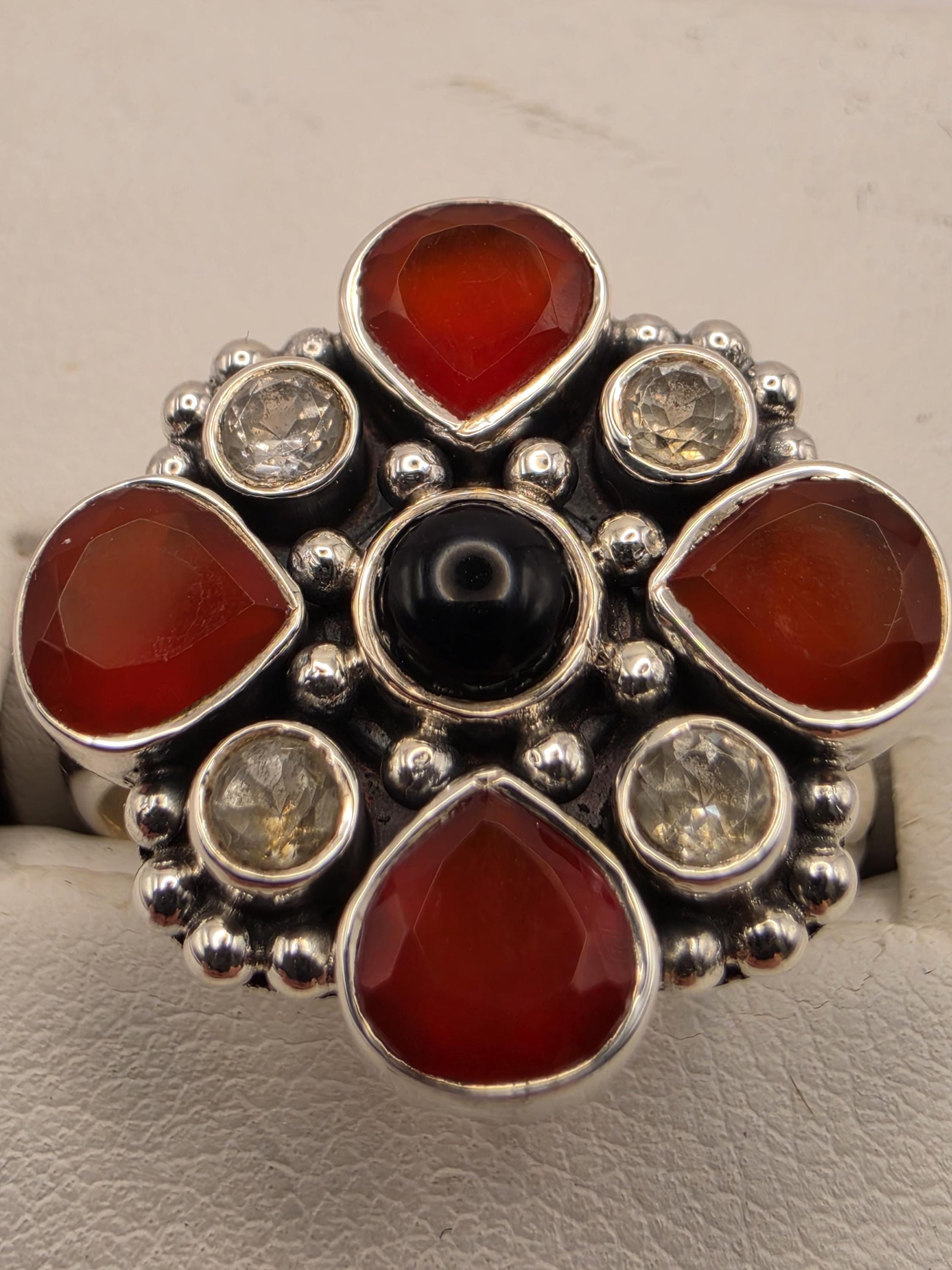 Genuine Carnelian Black Onyx Ring 925 Sterling Silver Size 10 CZ Floral Cluster Bali Statement Gemstone Jewelry Gift
