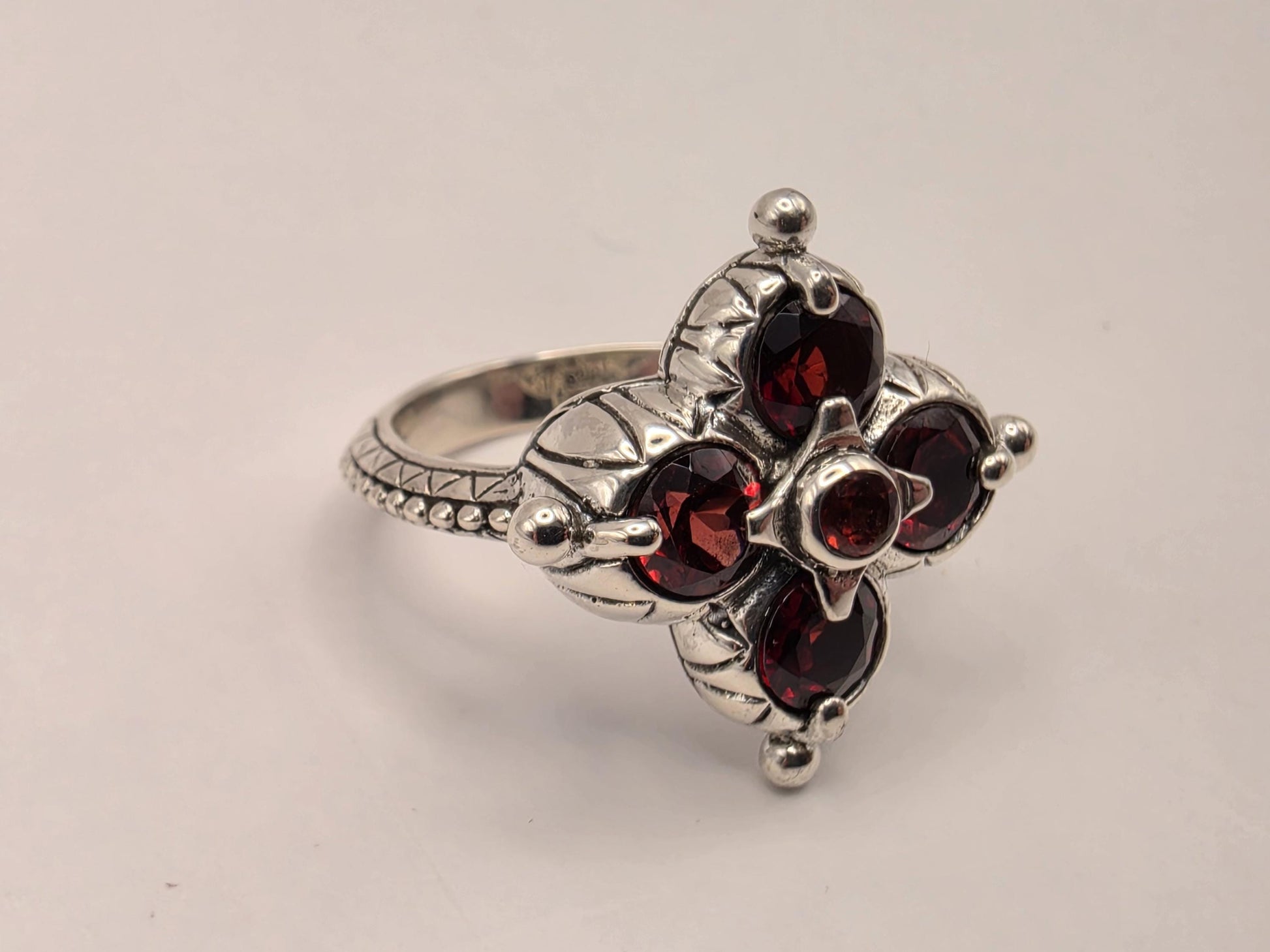 Genuine Garnet Flower Ring 925 Sterling Silver Size 8 Five Stone Floral Cluster January Birthstone Bali Statement Gift