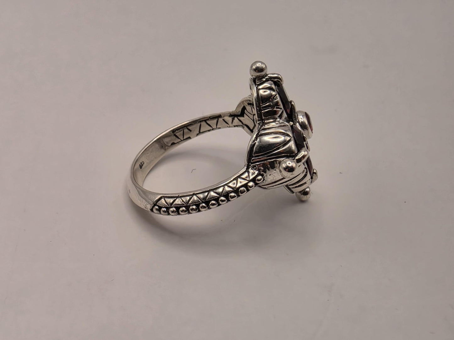 Genuine Garnet Flower Ring 925 Sterling Silver Size 8 Five Stone Floral Cluster January Birthstone Bali Statement Gift