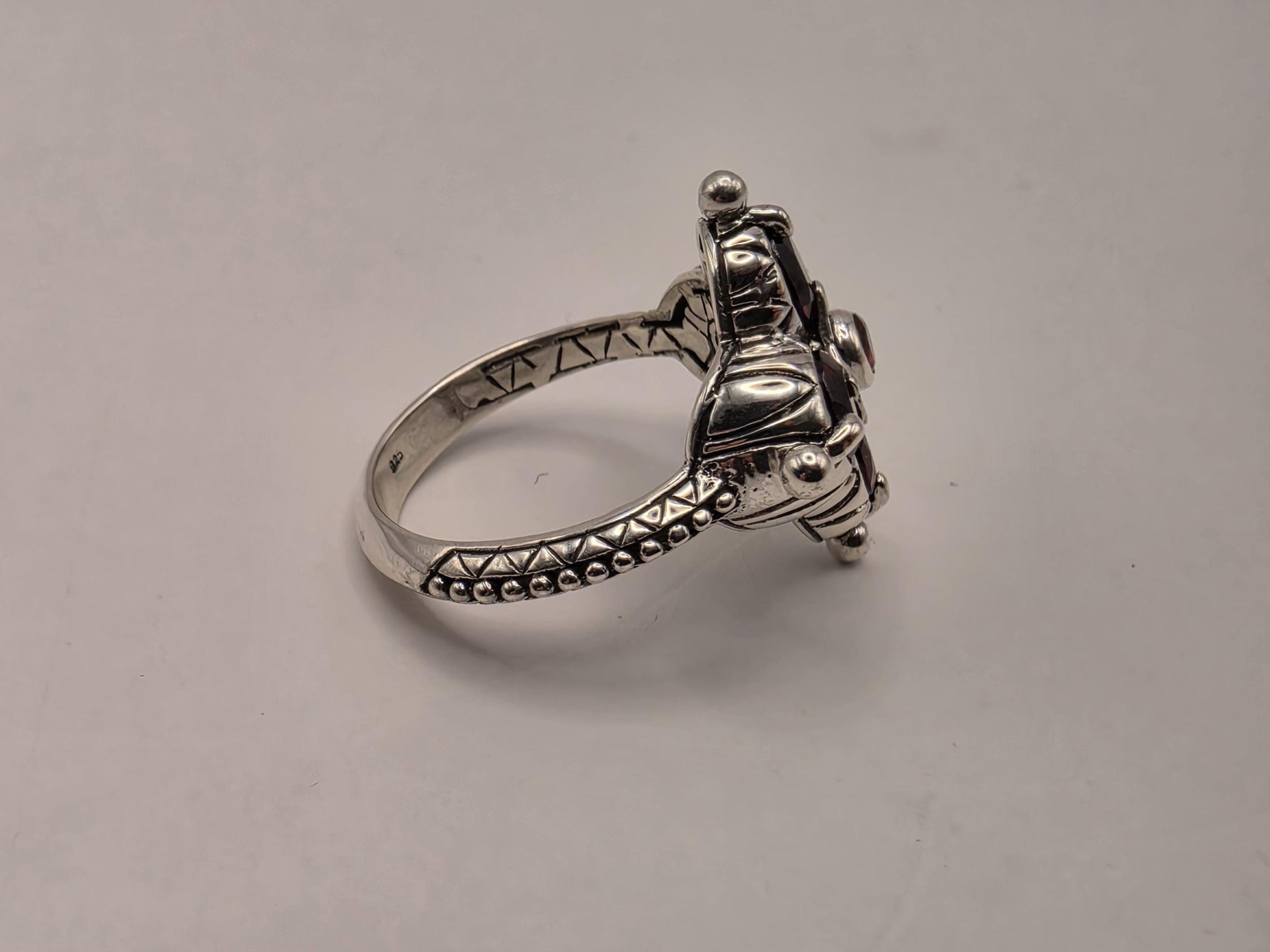 Genuine Garnet Flower Ring 925 Sterling Silver Size 8 Five Stone Floral Cluster January Birthstone Bali Statement Gift