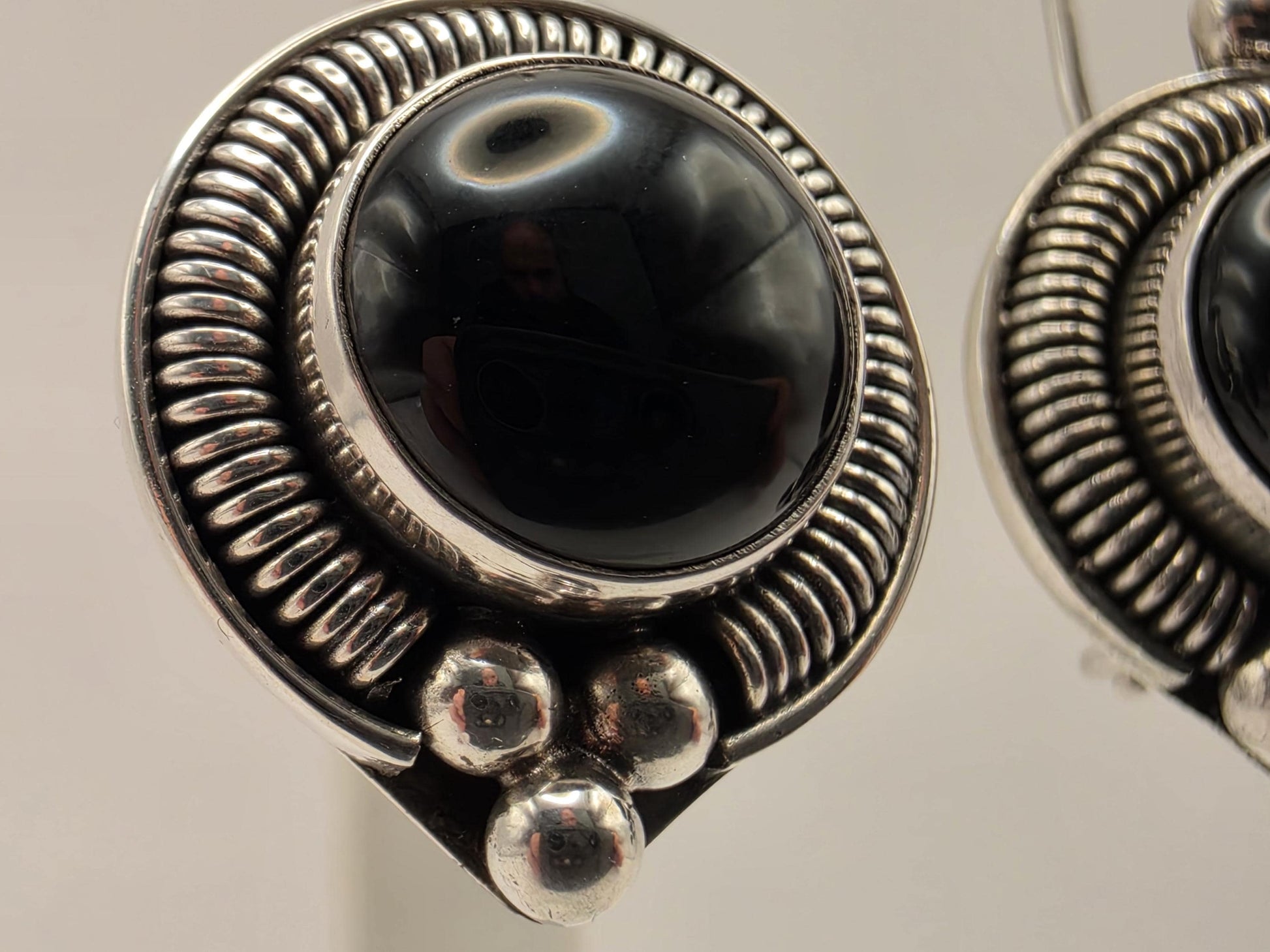 Genuine Black Onyx Drop Earrings 925 Sterling Silver Bali Rope Bead 7/8 Inch Round Cabochon Statement Gift for Her