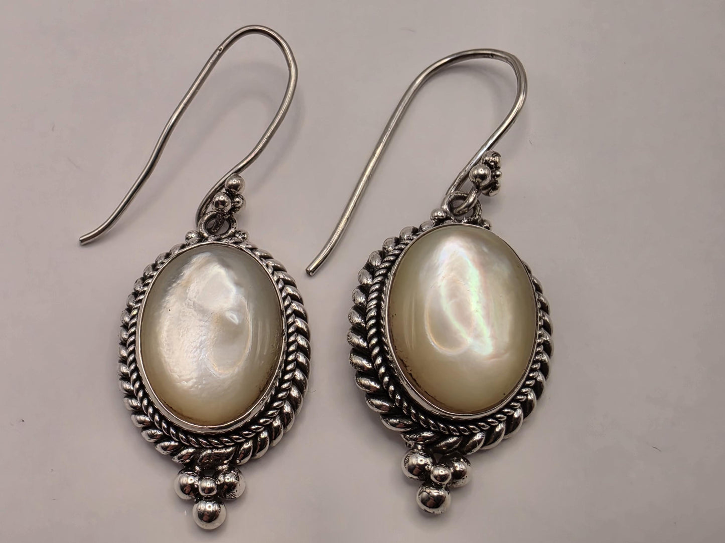 Mother of Pearl Drop Earrings 925 Sterling Silver 1.25 Inch Oval Bali Rope Frame Iridescent Statement Jewelry Gift for Her