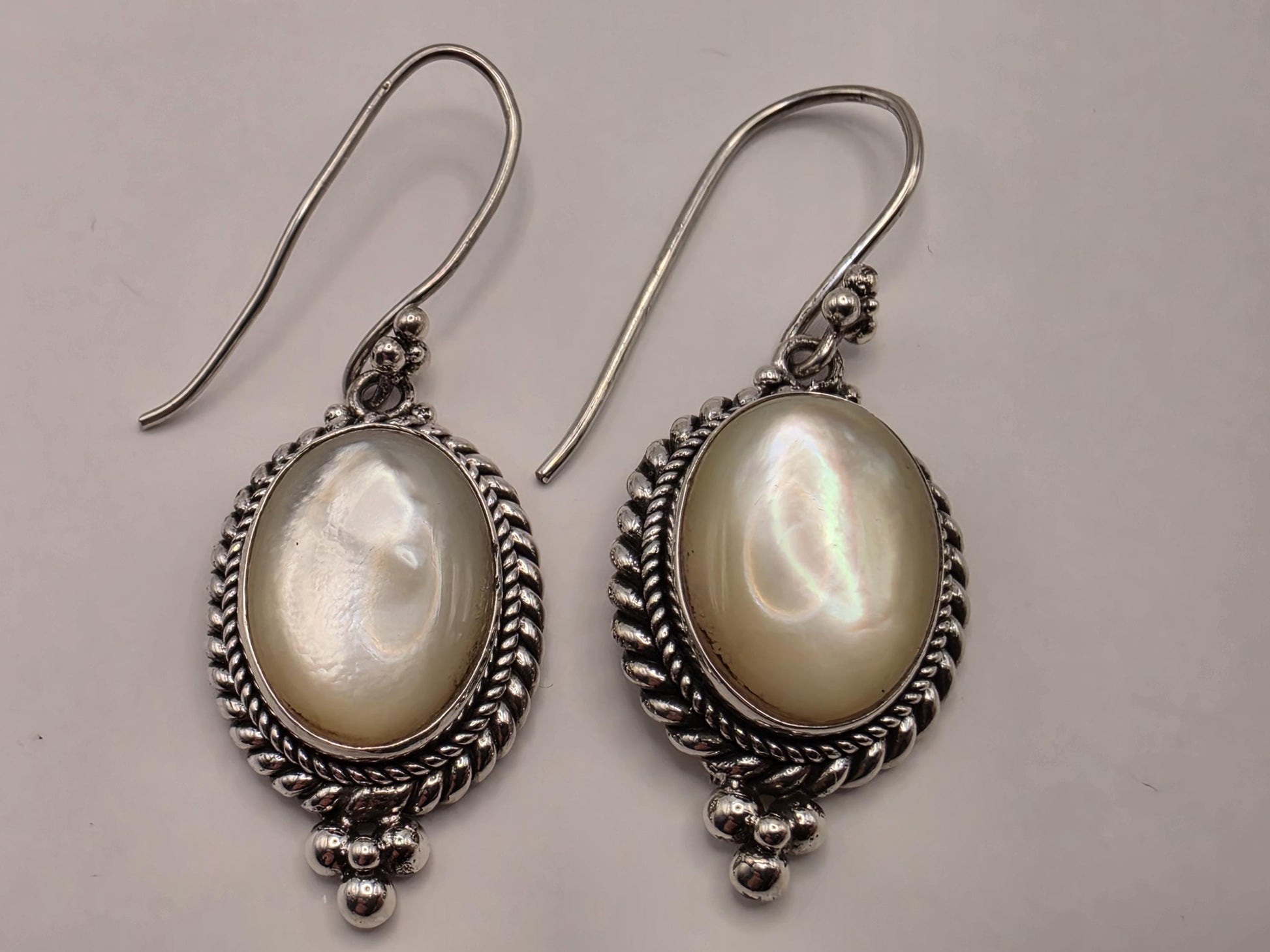 Mother of Pearl Drop Earrings 925 Sterling Silver 1.25 Inch Oval Bali Rope Frame Iridescent Statement Jewelry Gift for Her