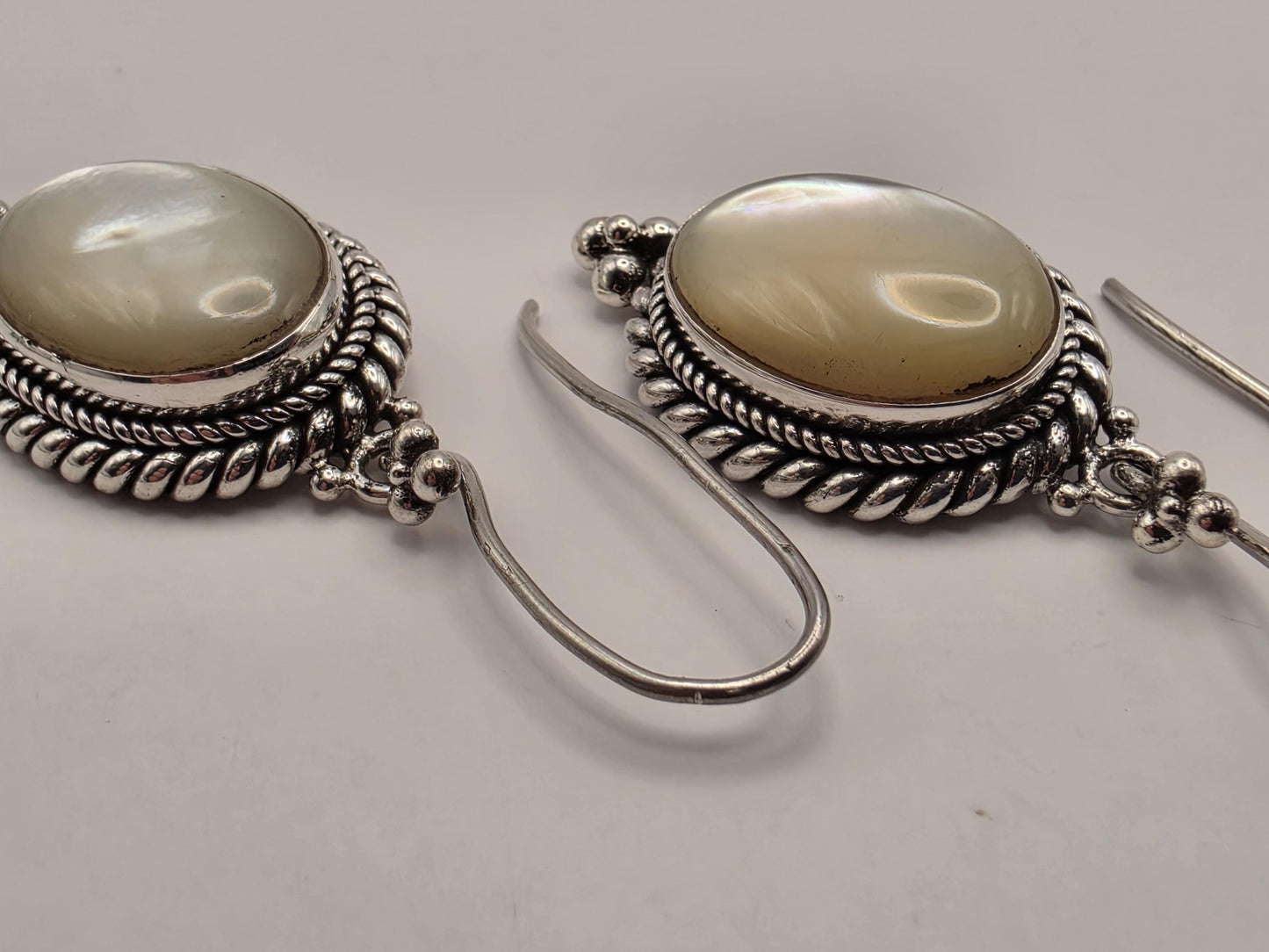 Mother of Pearl Drop Earrings 925 Sterling Silver 1.25 Inch Oval Bali Rope Frame Iridescent Statement Jewelry Gift for Her