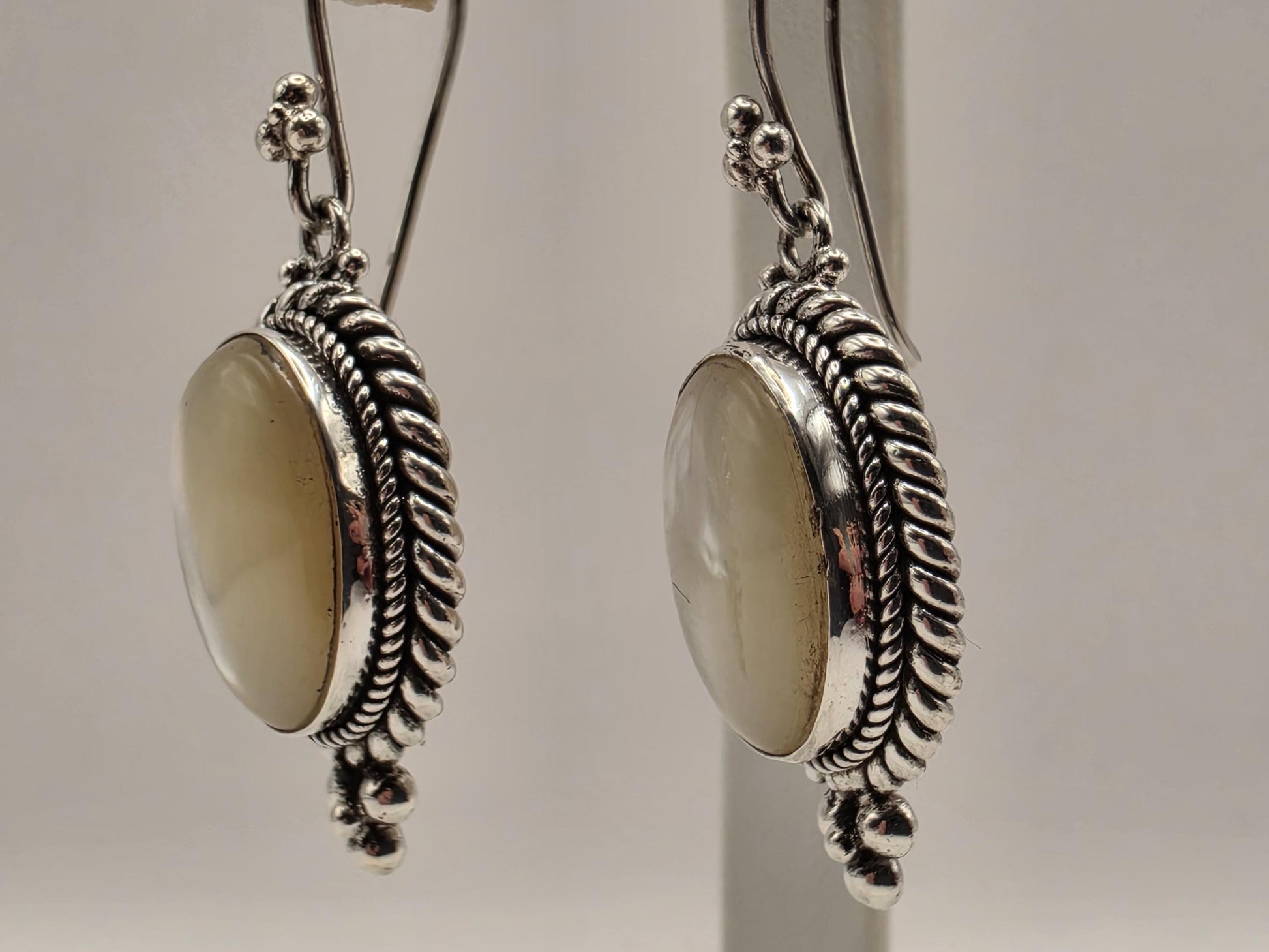 Mother of Pearl Drop Earrings 925 Sterling Silver 1.25 Inch Oval Bali Rope Frame Iridescent Statement Jewelry Gift for Her