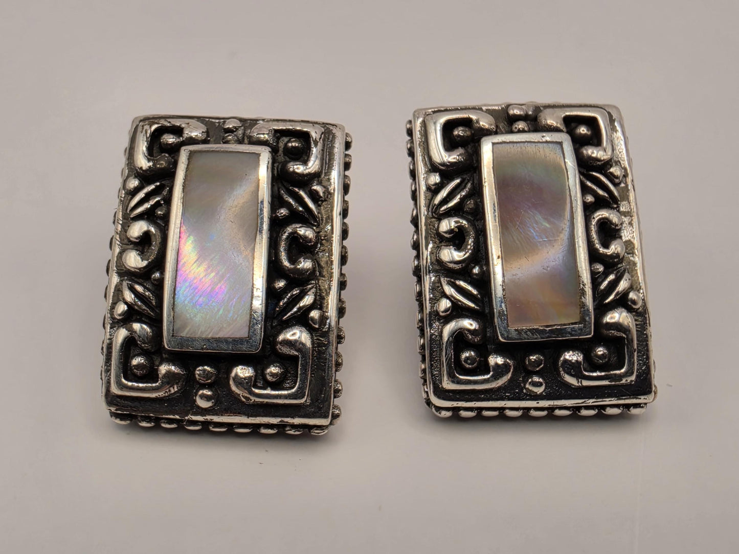 Mother of Pearl Rectangle Earrings 925 Sterling Silver Bali Scroll Frame 3/4 Inch Iridescent Stud Statement Gift for Her