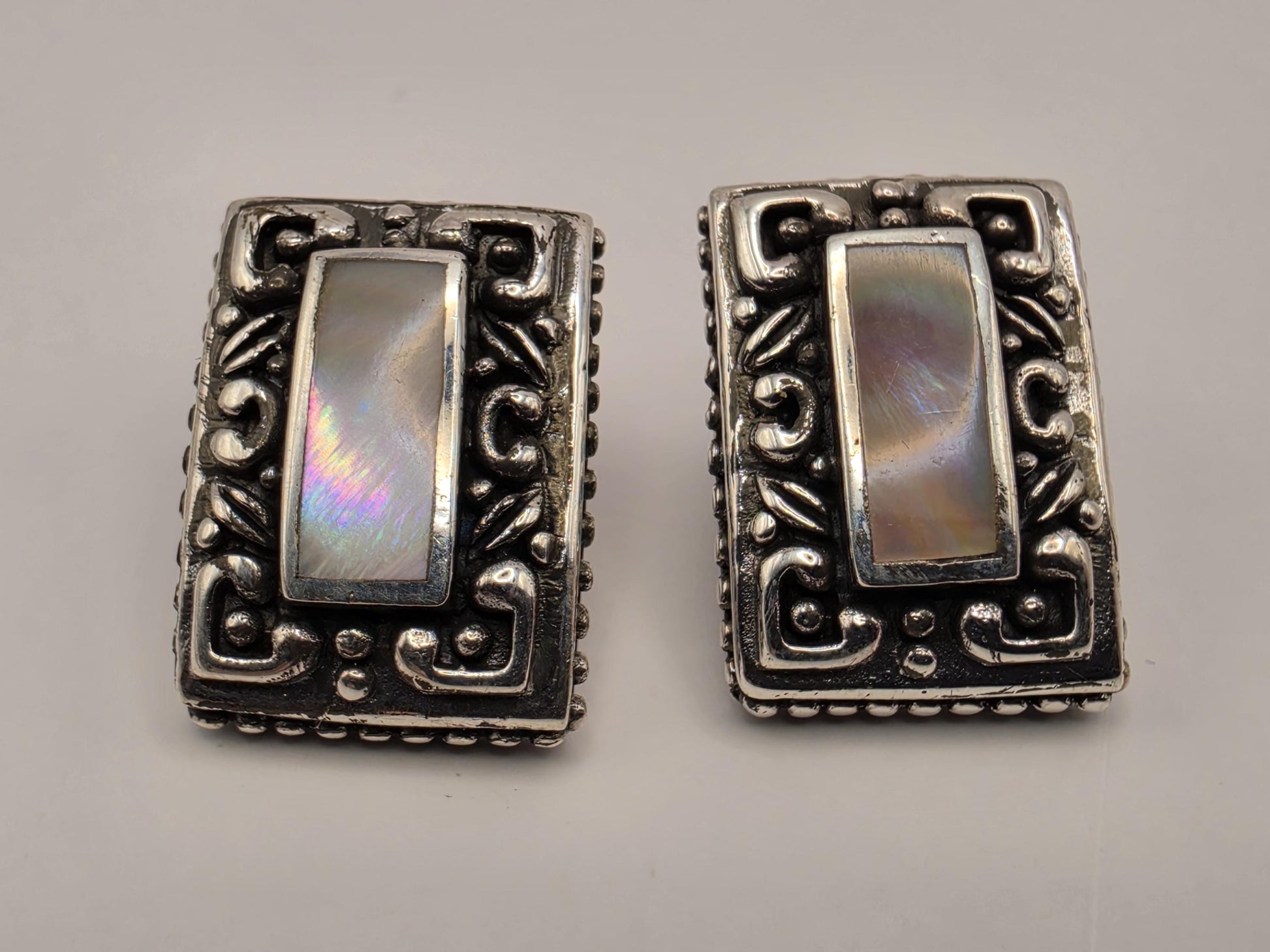 Mother of Pearl Rectangle Earrings 925 Sterling Silver Bali Scroll Frame 3/4 Inch Iridescent Stud Statement Gift for Her