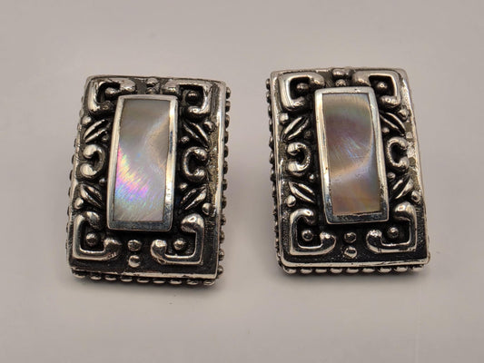 Mother of Pearl Rectangle Earrings 925 Sterling Silver Bali Scroll Frame 3/4 Inch Iridescent Stud Statement Gift for Her