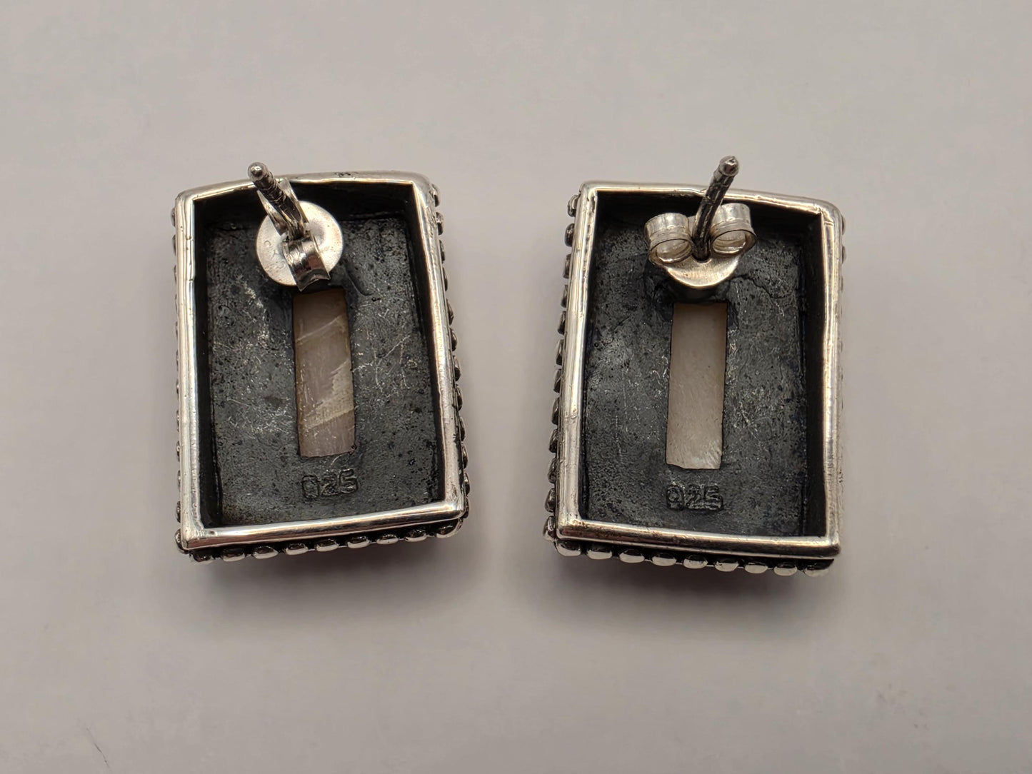 Mother of Pearl Rectangle Earrings 925 Sterling Silver Bali Scroll Frame 3/4 Inch Iridescent Stud Statement Gift for Her