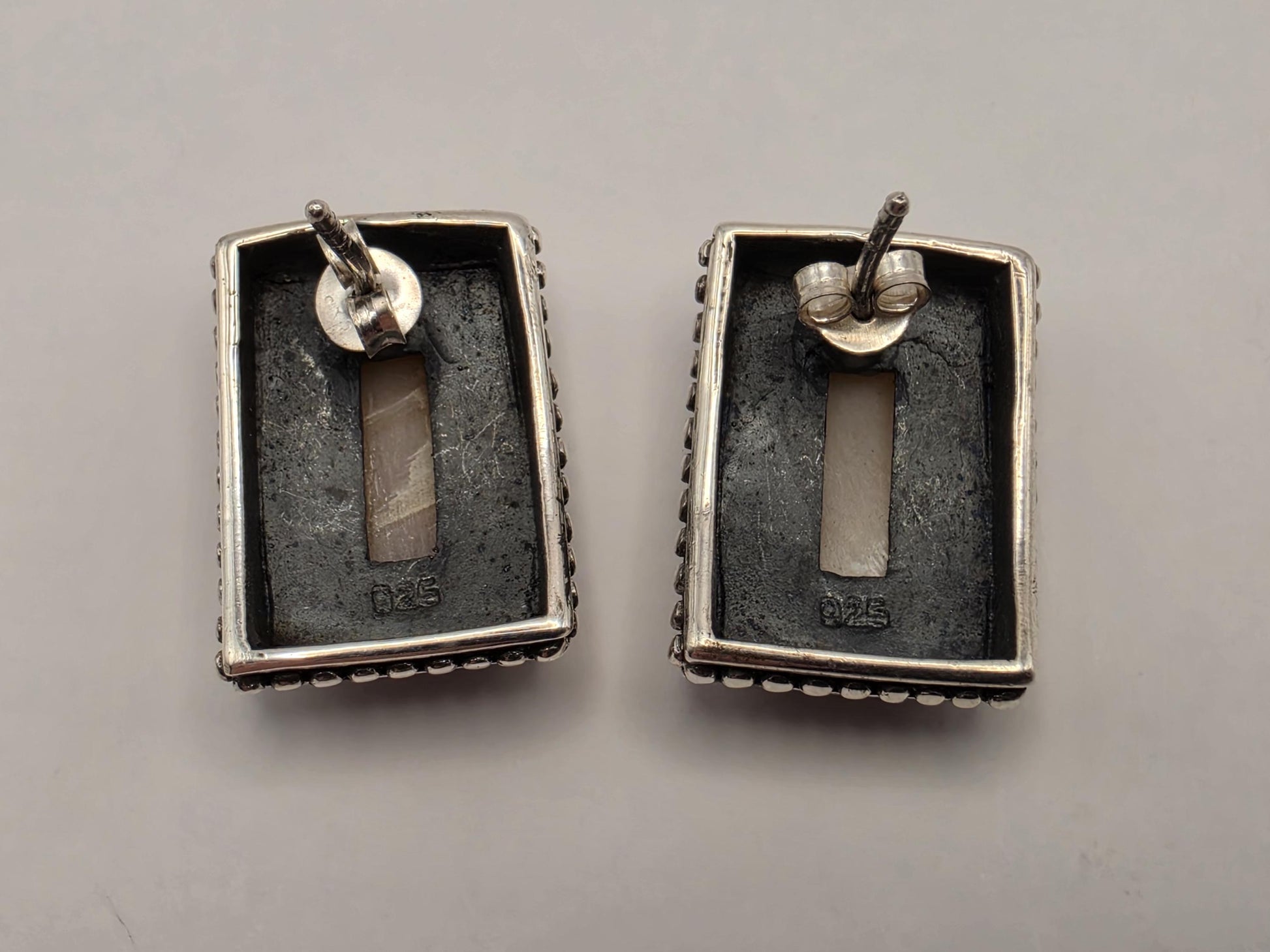 Mother of Pearl Rectangle Earrings 925 Sterling Silver Bali Scroll Frame 3/4 Inch Iridescent Stud Statement Gift for Her