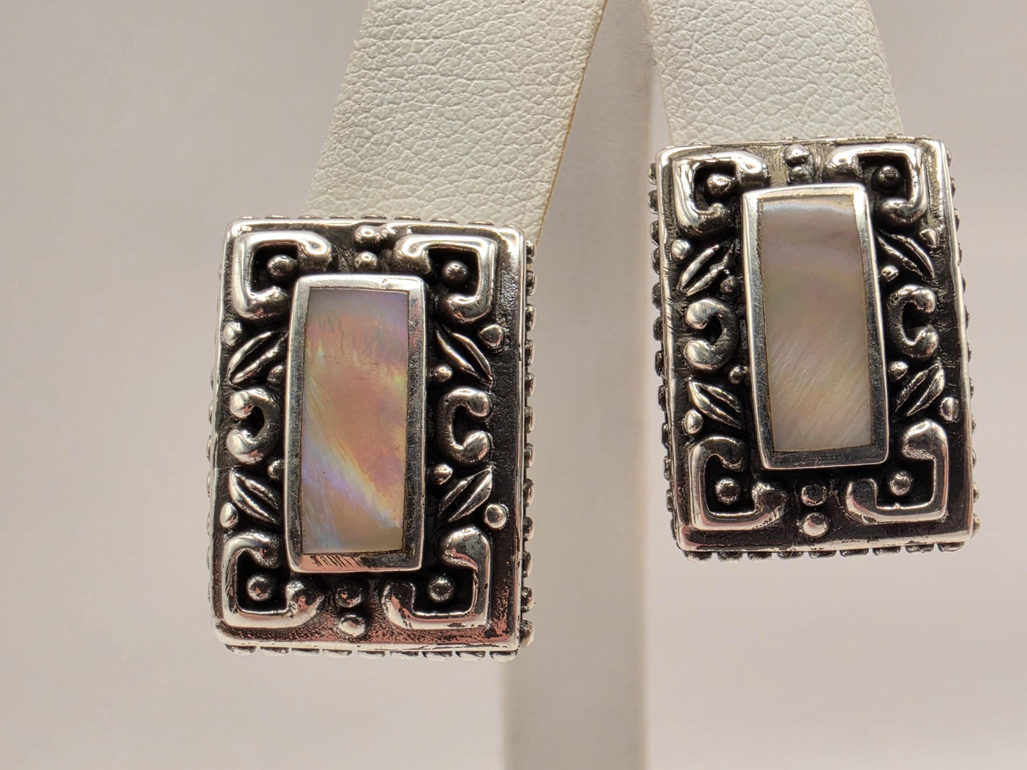 Mother of Pearl Rectangle Earrings 925 Sterling Silver Bali Scroll Frame 3/4 Inch Iridescent Stud Statement Gift for Her