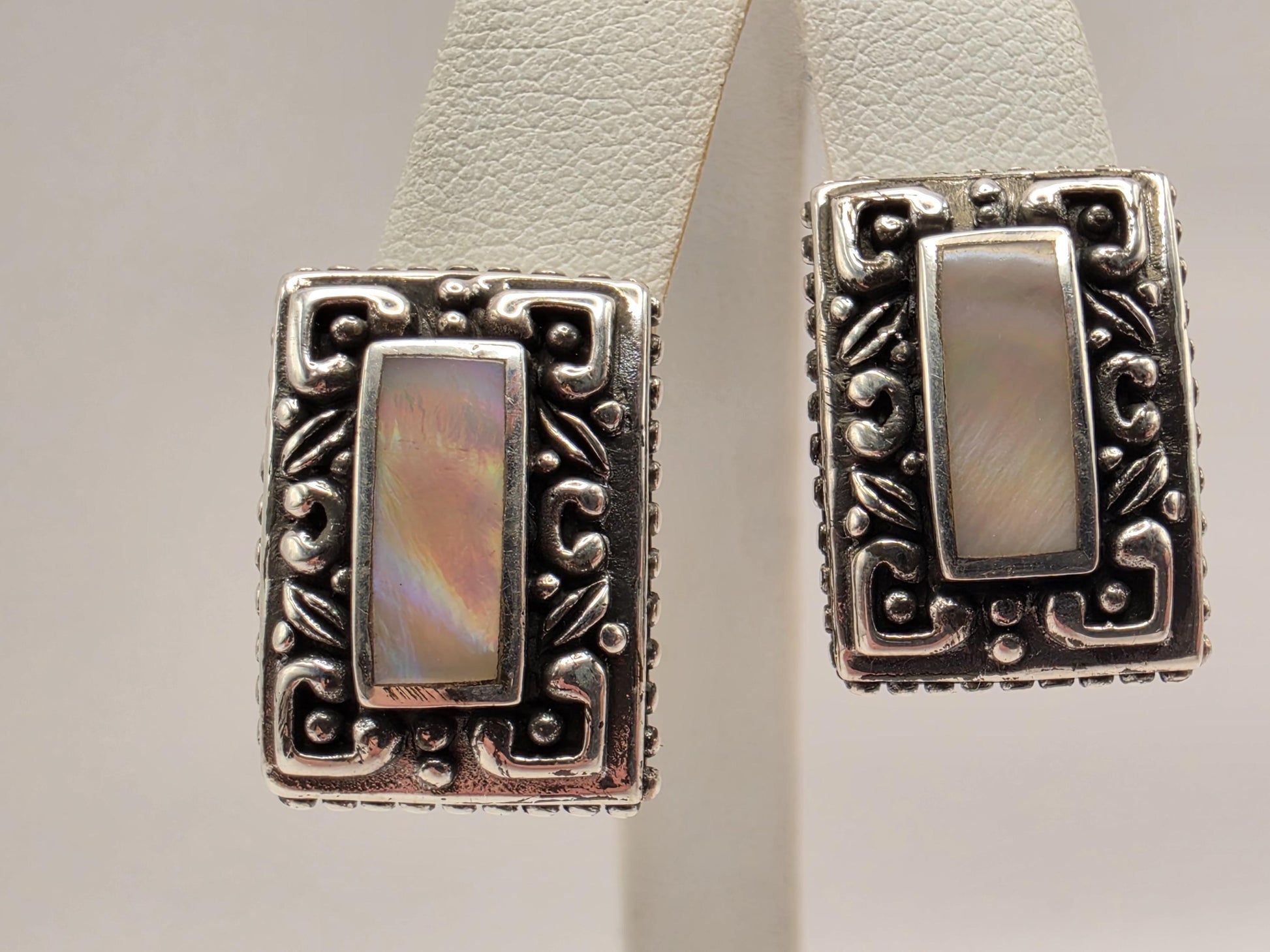 Mother of Pearl Rectangle Earrings 925 Sterling Silver Bali Scroll Frame 3/4 Inch Iridescent Stud Statement Gift for Her