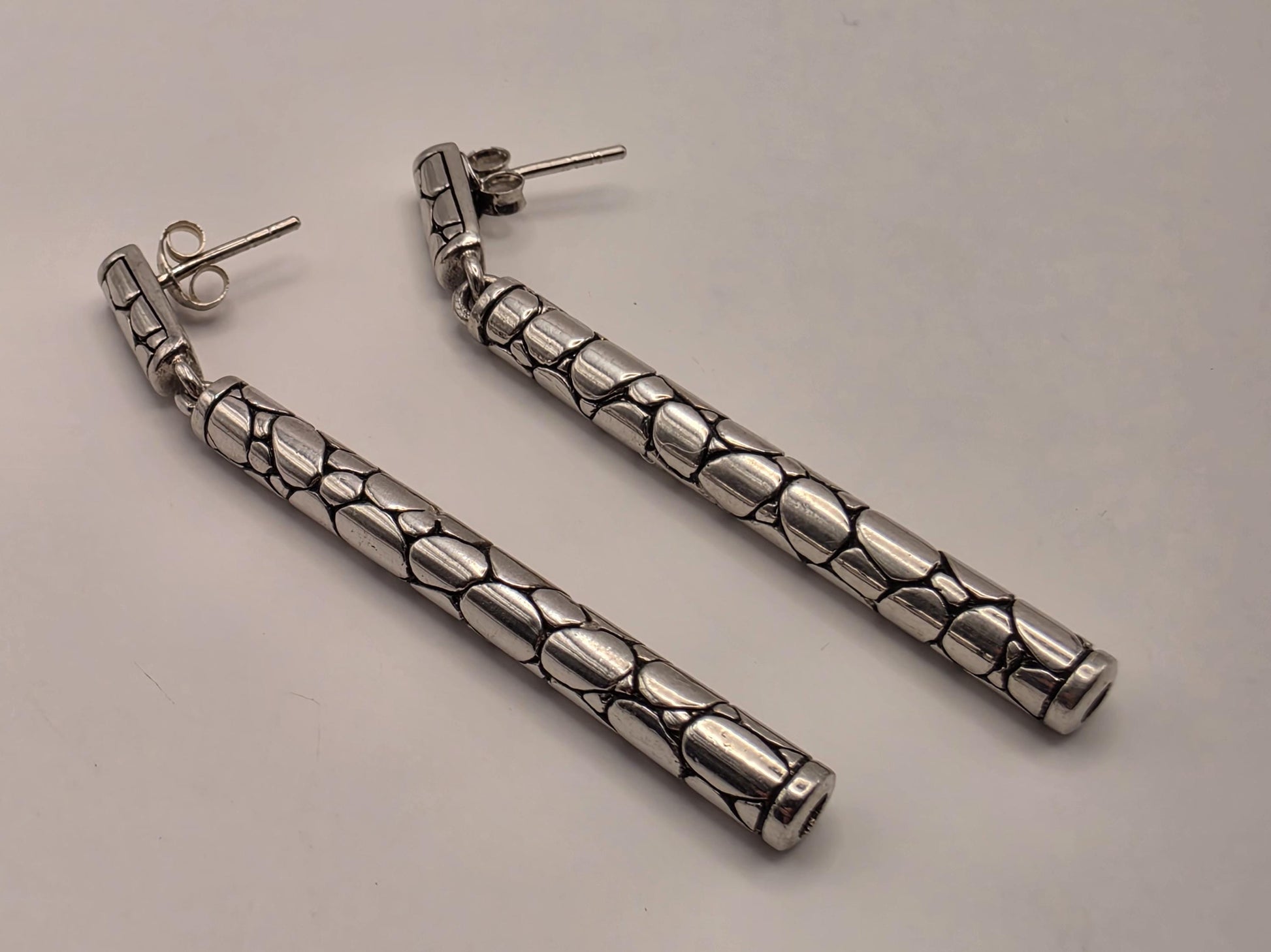 Sterling Silver Woven Bar Drop Earrings 2 Inch Bali Oxidized Link Dangle 11.1 Grams Geometric Statement Gift for Her