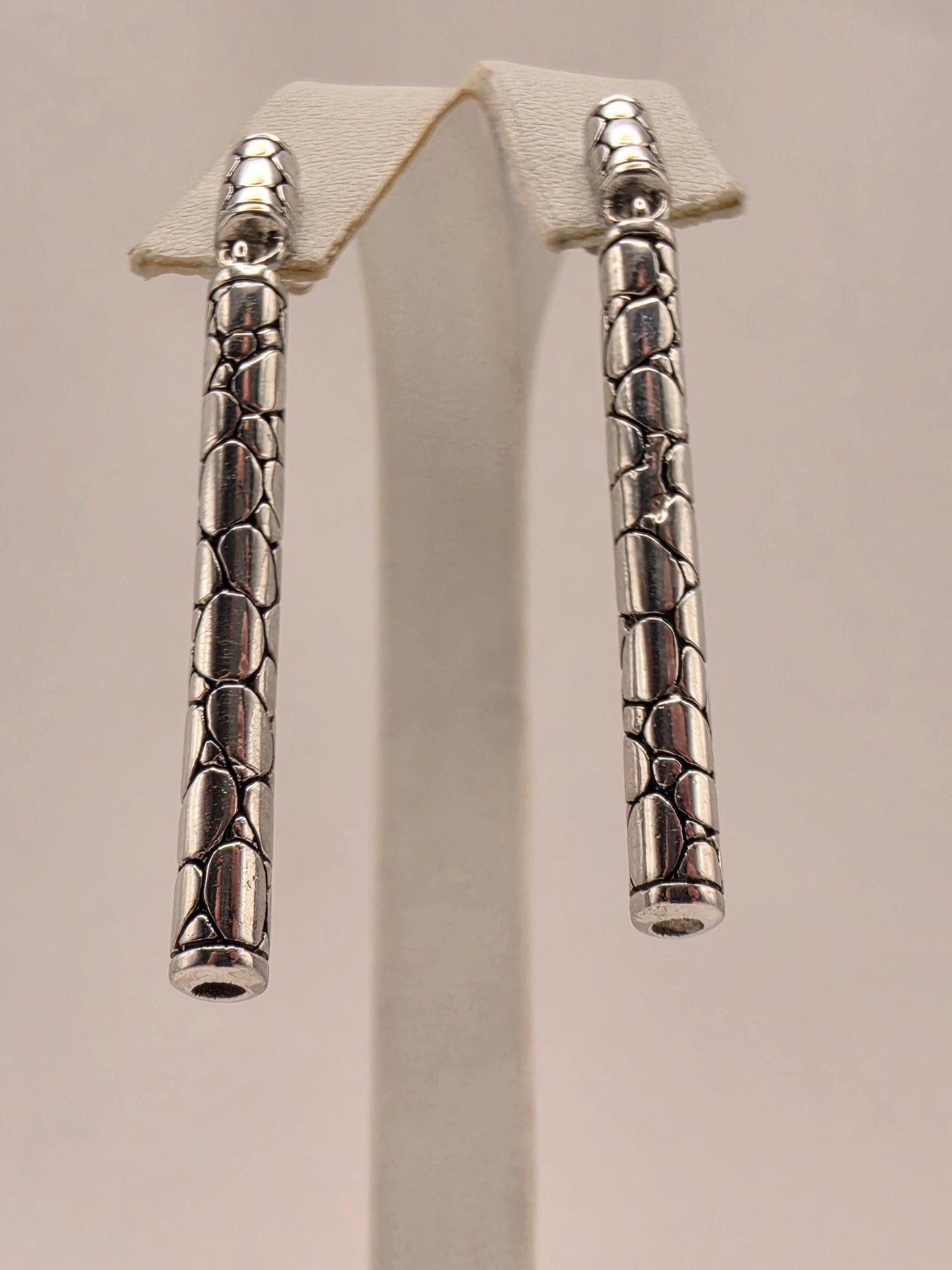 Sterling Silver Woven Bar Drop Earrings 2 Inch Bali Oxidized Link Dangle 11.1 Grams Geometric Statement Gift for Her