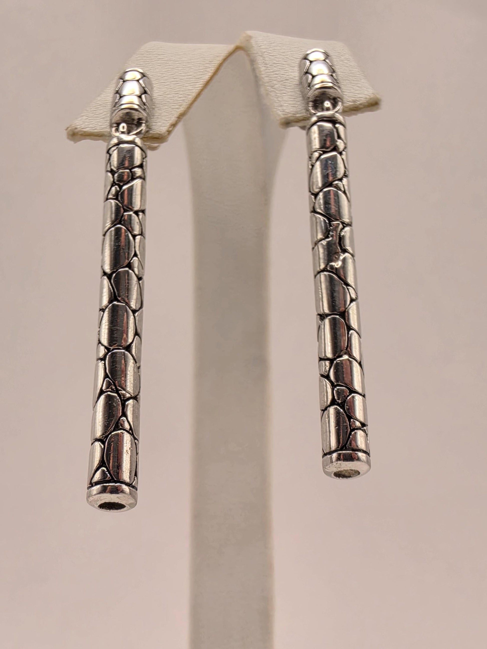 Sterling Silver Woven Bar Drop Earrings 2 Inch Bali Oxidized Link Dangle 11.1 Grams Geometric Statement Gift for Her