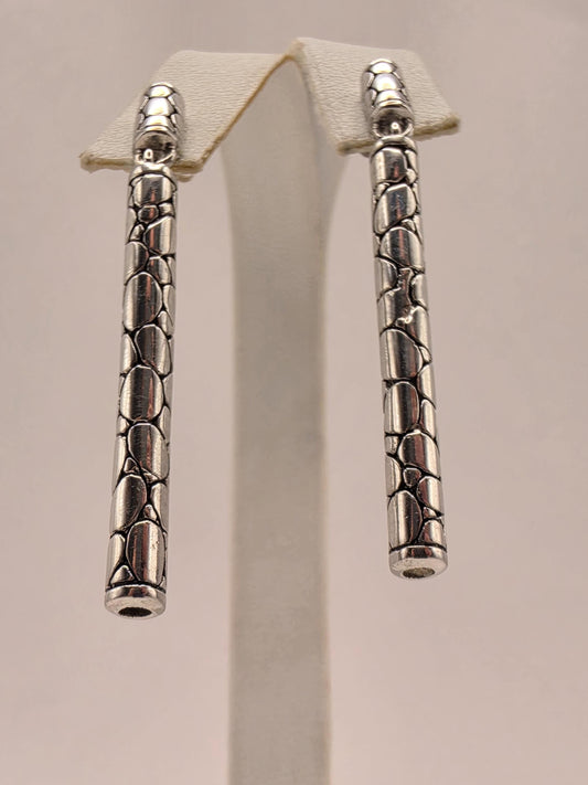 Sterling Silver Woven Bar Drop Earrings 2 Inch Bali Oxidized Link Dangle 11.1 Grams Geometric Statement Gift for Her