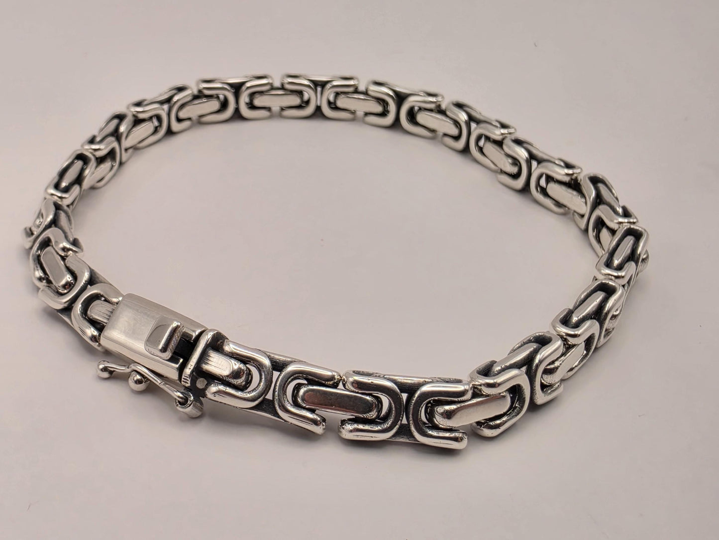Sterling Silver Greek Key Bracelet 9 Inch 6.25mm Mens Meander Link 27.4 Grams Oxidized Geometric Chain Gift for Him