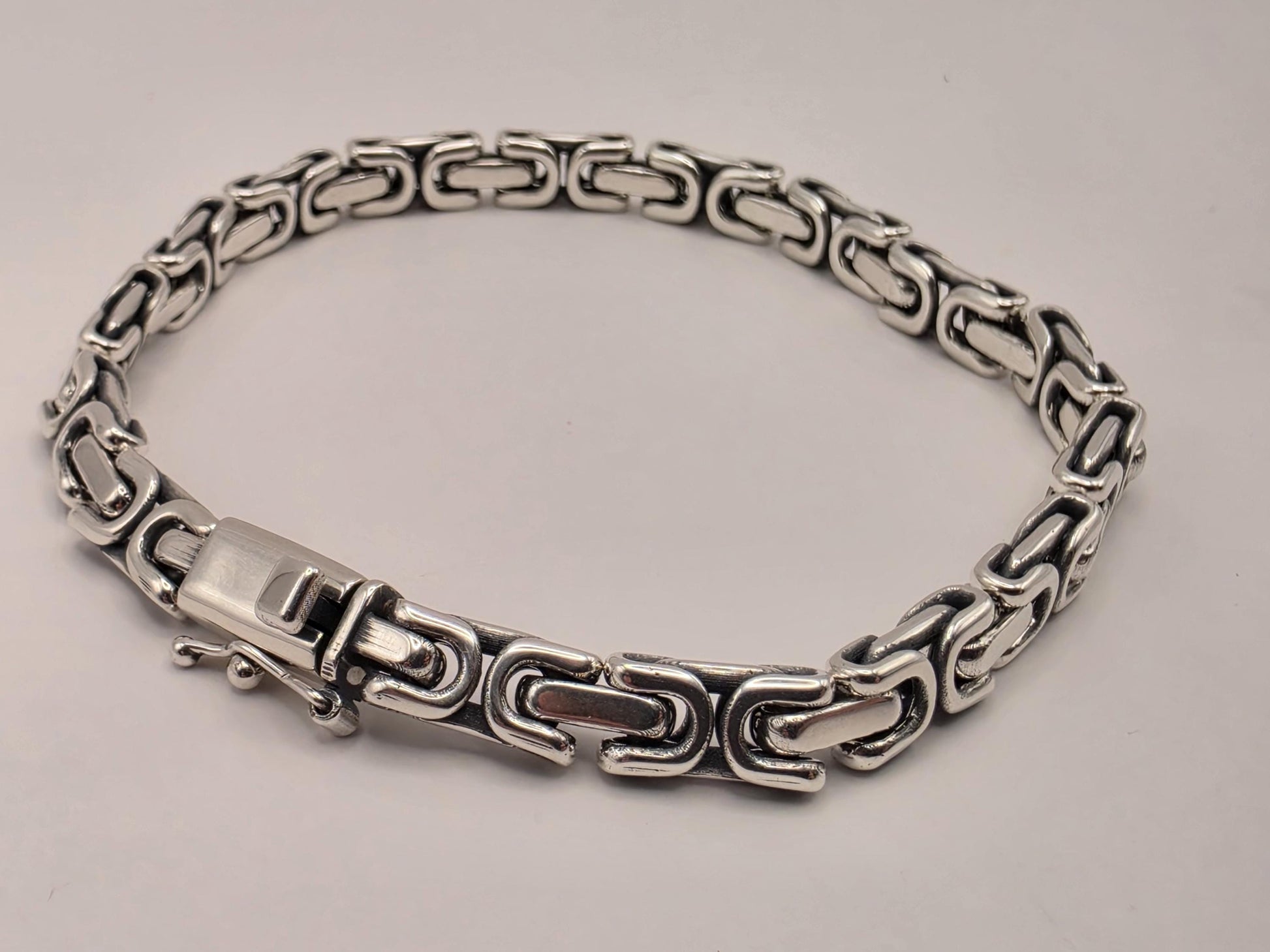 Sterling Silver Greek Key Bracelet 9 Inch 6.25mm Mens Meander Link 27.4 Grams Oxidized Geometric Chain Gift for Him