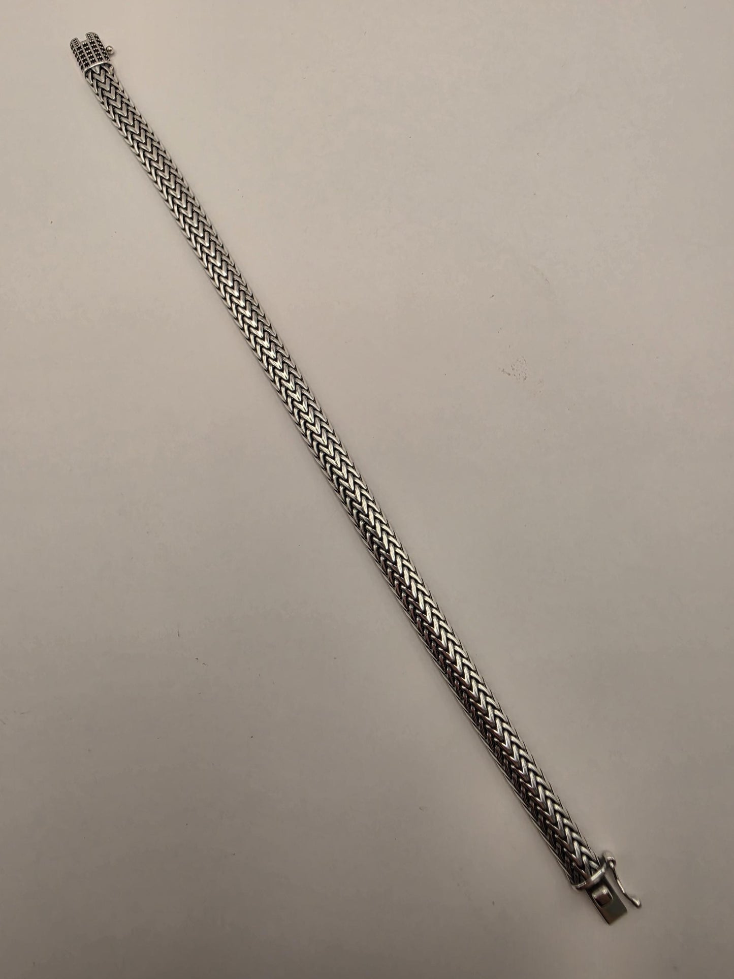 Sterling Silver Woven Chevron Bracelet 9 Inch 7mm Mens Braided V Link 22.3 Grams Oxidized Box Clasp Gift for Him