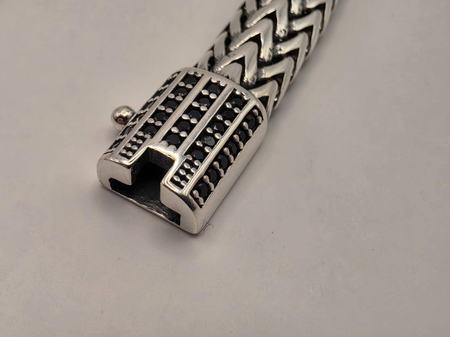 Sterling Silver Woven Chevron Bracelet 9 Inch 7mm Mens Braided V Link 22.3 Grams Oxidized Box Clasp Gift for Him