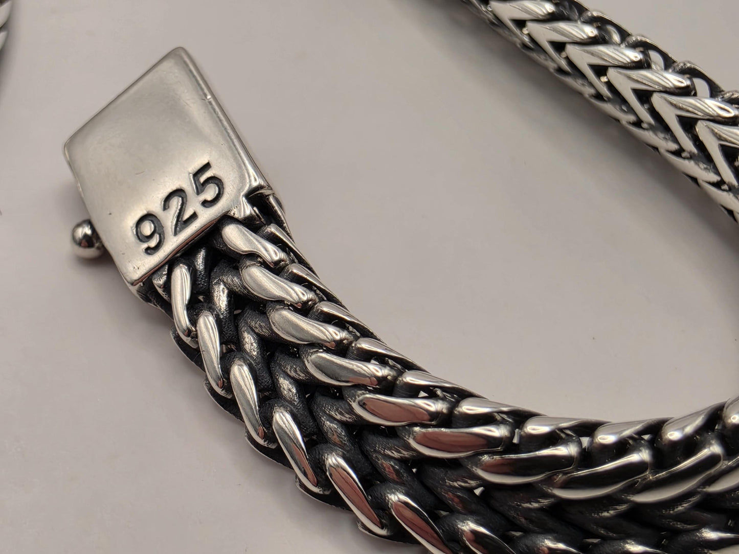 Sterling Silver Woven Chevron Bracelet 9 Inch 7mm Mens Braided V Link 22.3 Grams Oxidized Box Clasp Gift for Him