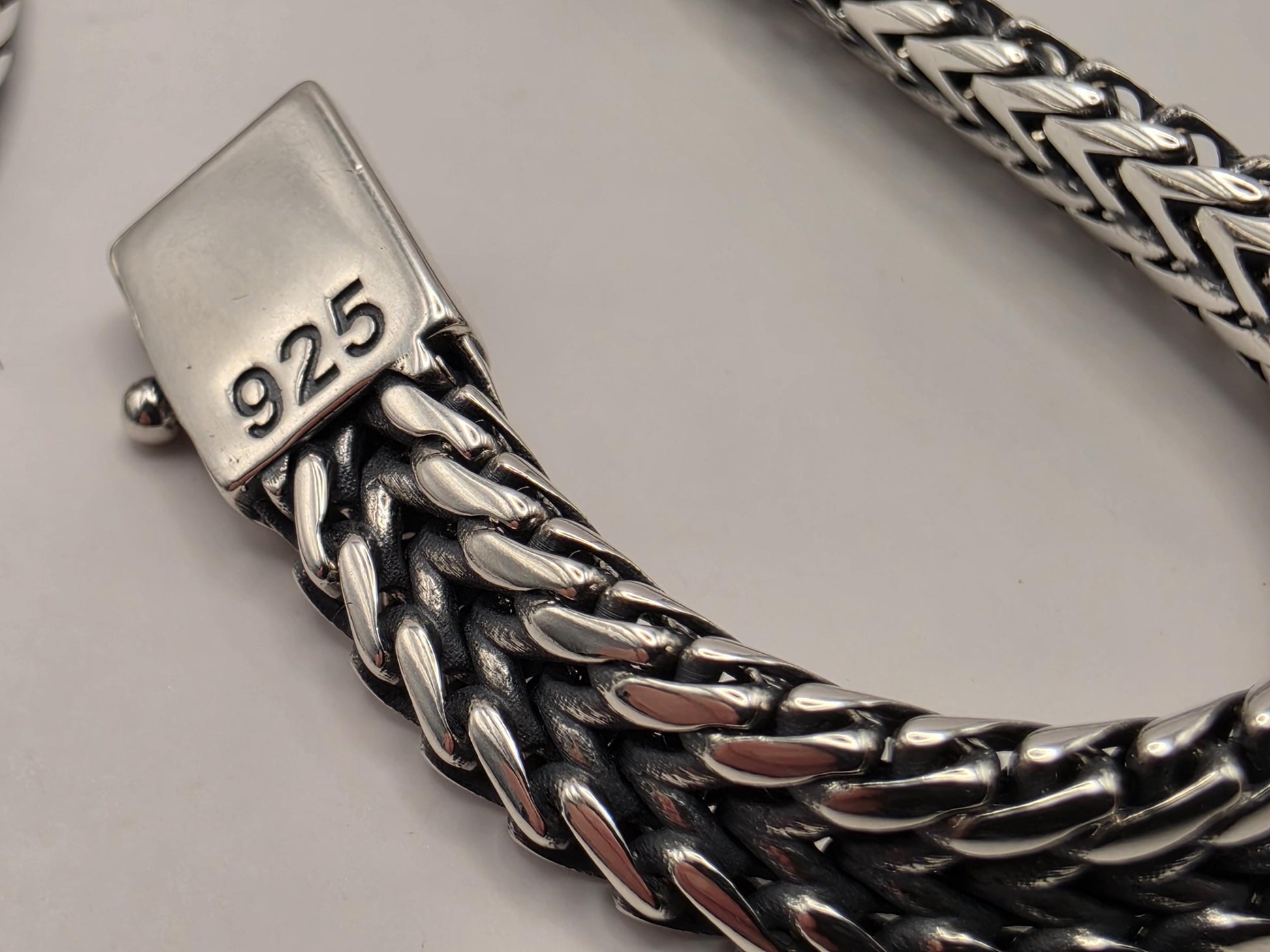 Sterling Silver Woven Chevron Bracelet 9 Inch 7mm Mens Braided V Link 22.3 Grams Oxidized Box Clasp Gift for Him