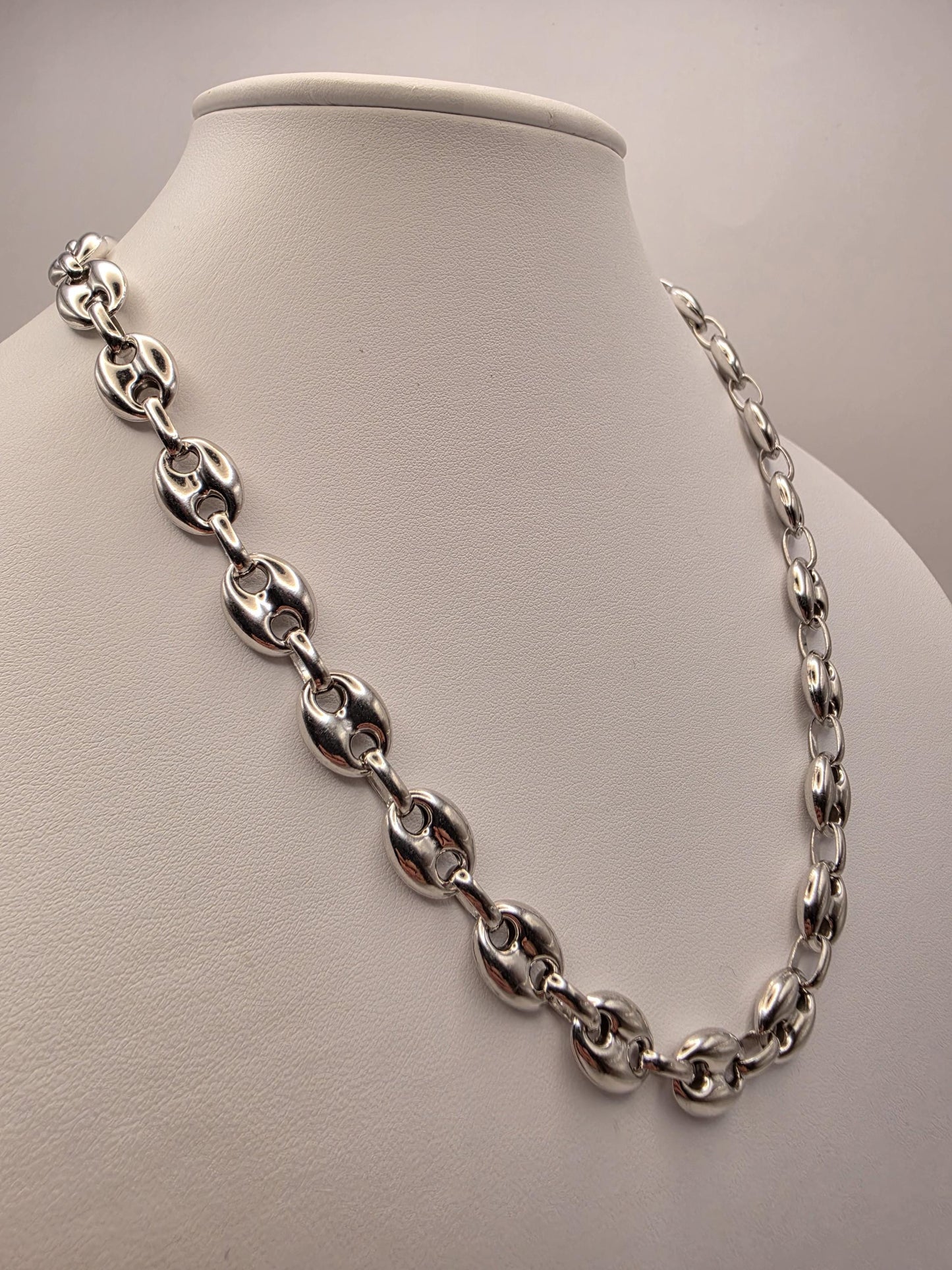 Sterling Silver Mariner Chain Necklace 20 Inch 10.8mm Wide Coffee Bean Link 37.6 Grams Statement Unisex Jewelry Gift