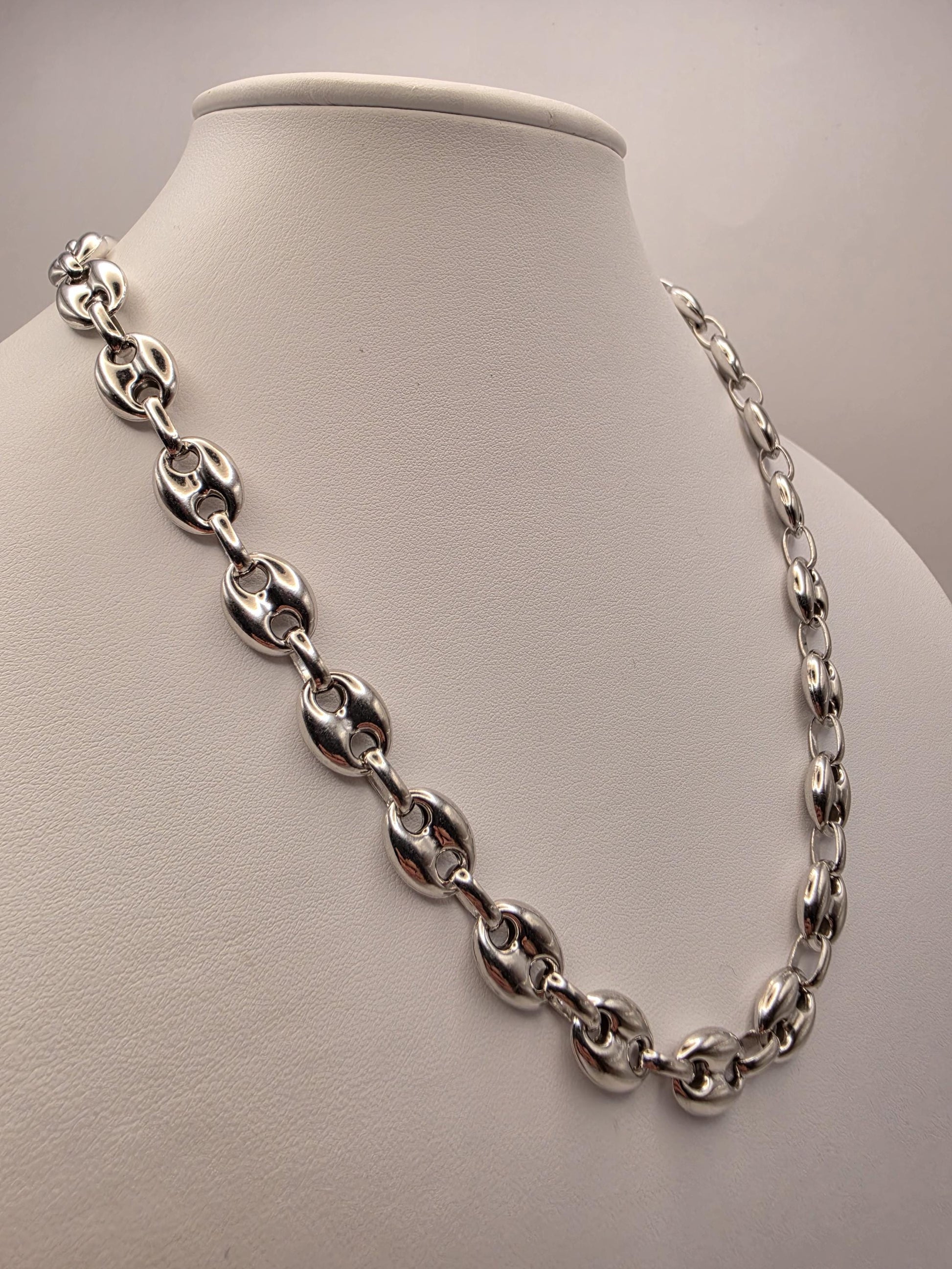 Sterling Silver Mariner Chain Necklace 20 Inch 10.8mm Wide Coffee Bean Link 37.6 Grams Statement Unisex Jewelry Gift