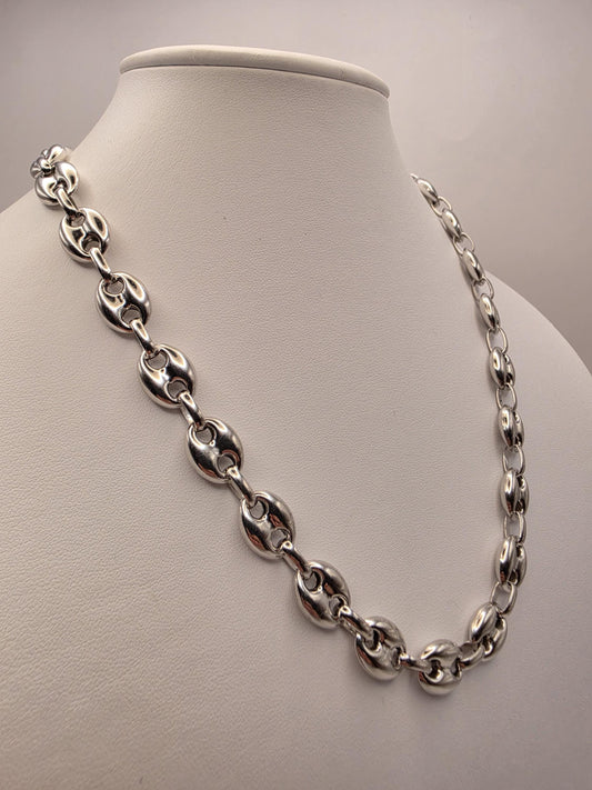 Sterling Silver Mariner Chain Necklace 20 Inch 10.8mm Wide Coffee Bean Link 37.6 Grams Statement Unisex Jewelry Gift