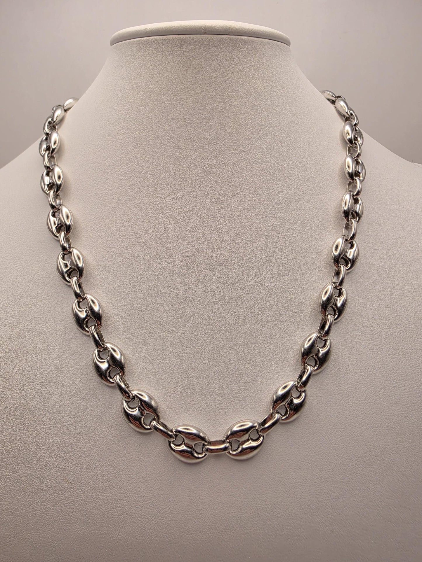 Sterling Silver Mariner Chain Necklace 20 Inch 10.8mm Wide Coffee Bean Link 37.6 Grams Statement Unisex Jewelry Gift