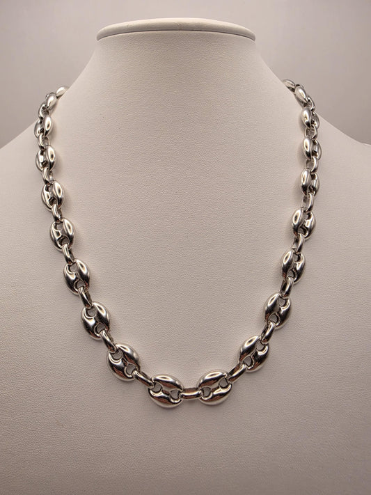 Sterling Silver Mariner Chain Necklace 20 Inch 10.8mm Wide Coffee Bean Link 37.6 Grams Statement Unisex Jewelry Gift