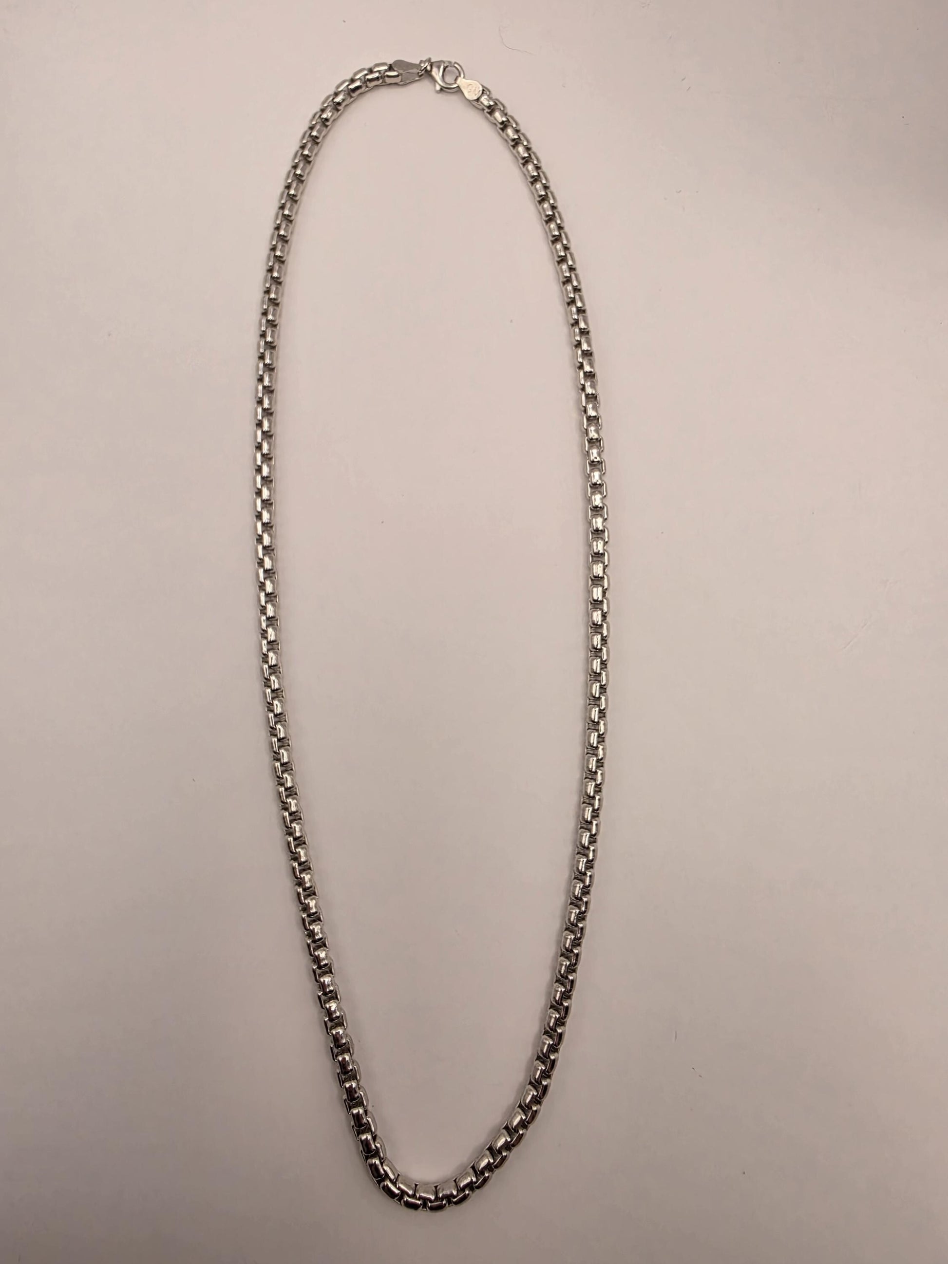 Sterling Silver Box Chain Necklace 20 Inch 4.45mm Mens Heavy Square Link 44.7 Grams Unisex Polished Jewelry Gift