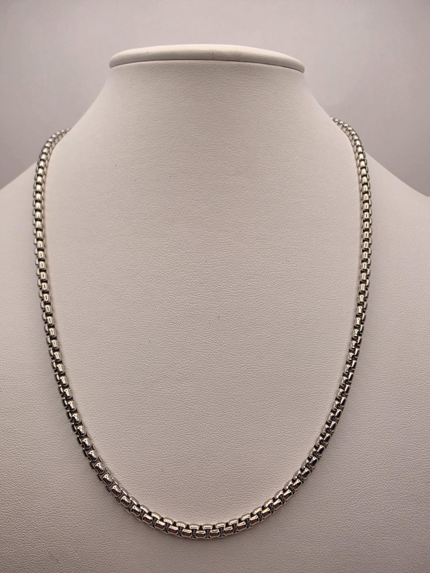 Sterling Silver Box Chain Necklace 20 Inch 3.55mm Mens Square Link 30.8 Grams Unisex Everyday Layering Jewelry Gift