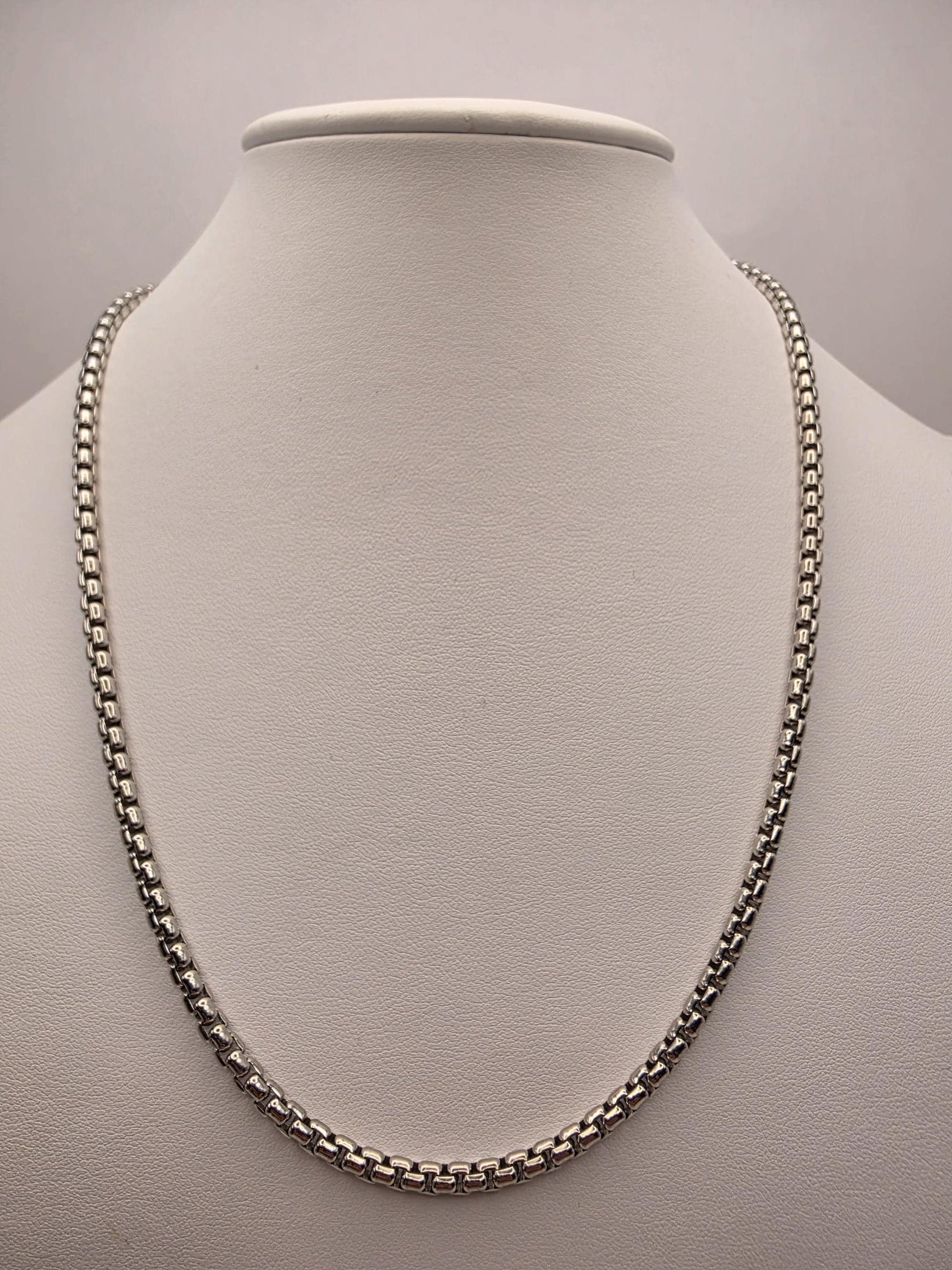 Sterling Silver Box Chain Necklace 20 Inch 3.55mm Mens Square Link 30.8 Grams Unisex Everyday Layering Jewelry Gift
