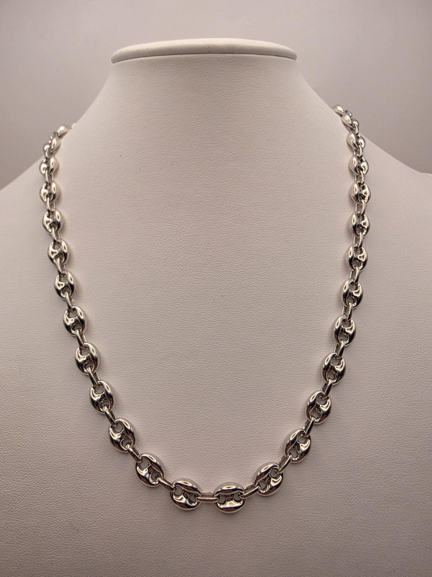 Sterling Silver Mariner Chain Necklace 20 Inch 8mm Coffee Bean Link 24.5 Grams Nautical Unisex Statement Jewelry Gift