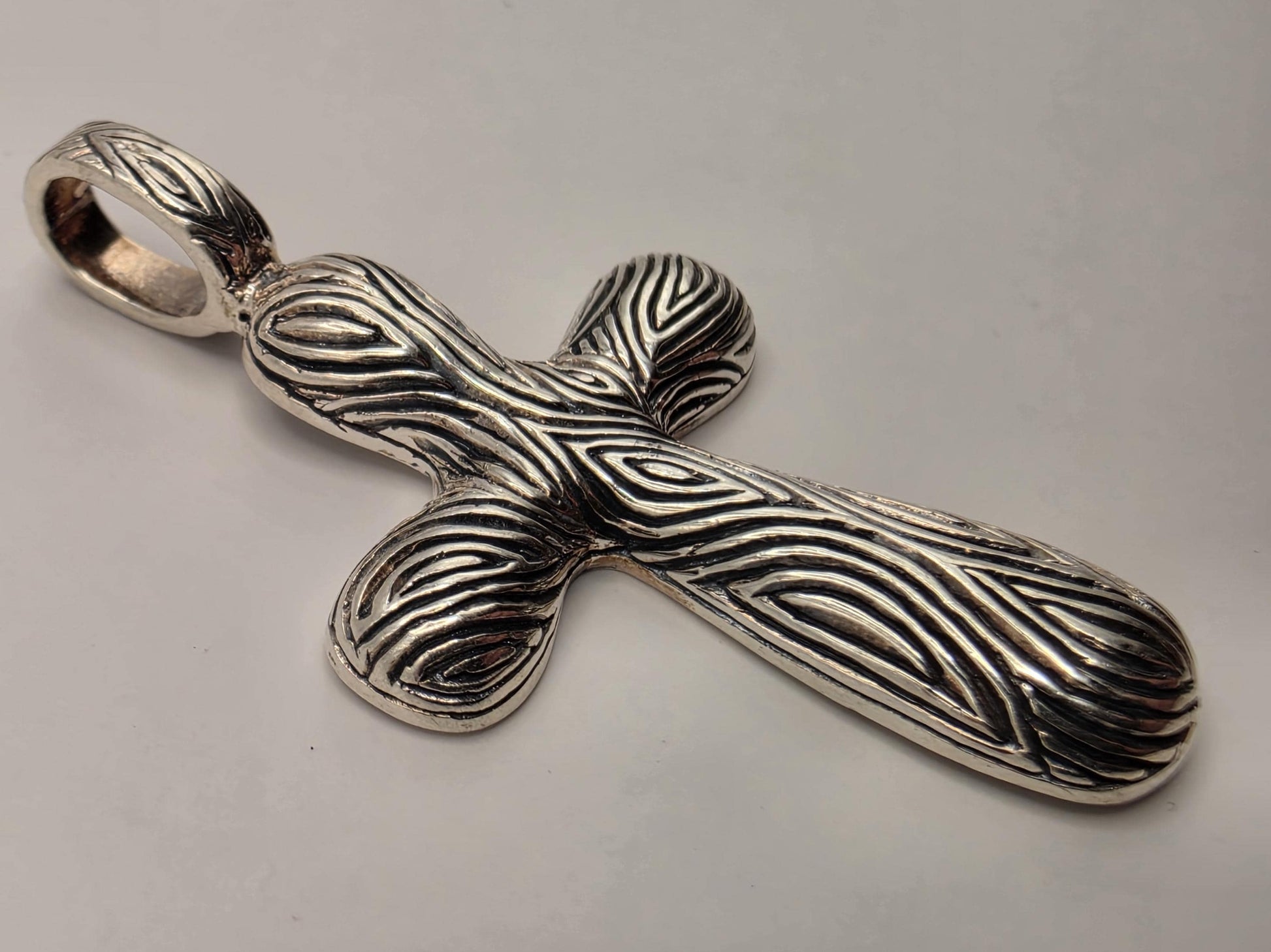 Sterling Silver Woodgrain Cross Pendant 1.375 Inch 4.8 Grams Organic Texture Unisex Religious Jewelry Gift