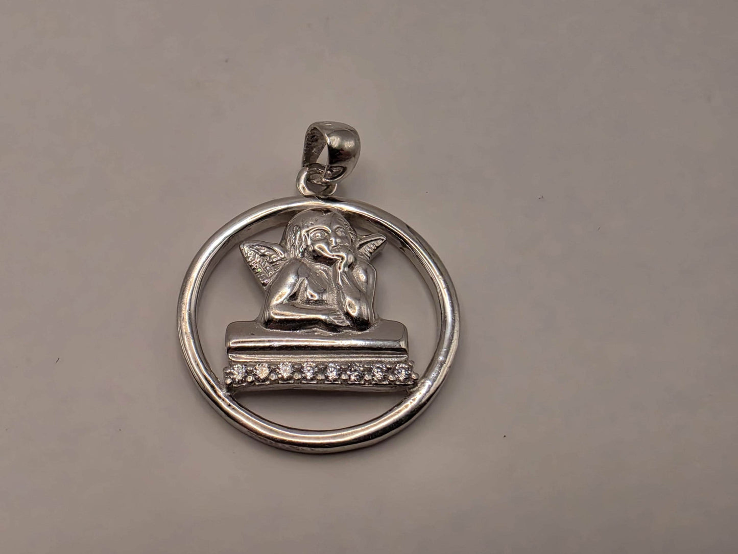 Sterling Silver Cherub Angel Pendant 0.75 Inch 3.5 Grams CZ Accent Round Religious Guardian Jewelry Gift
