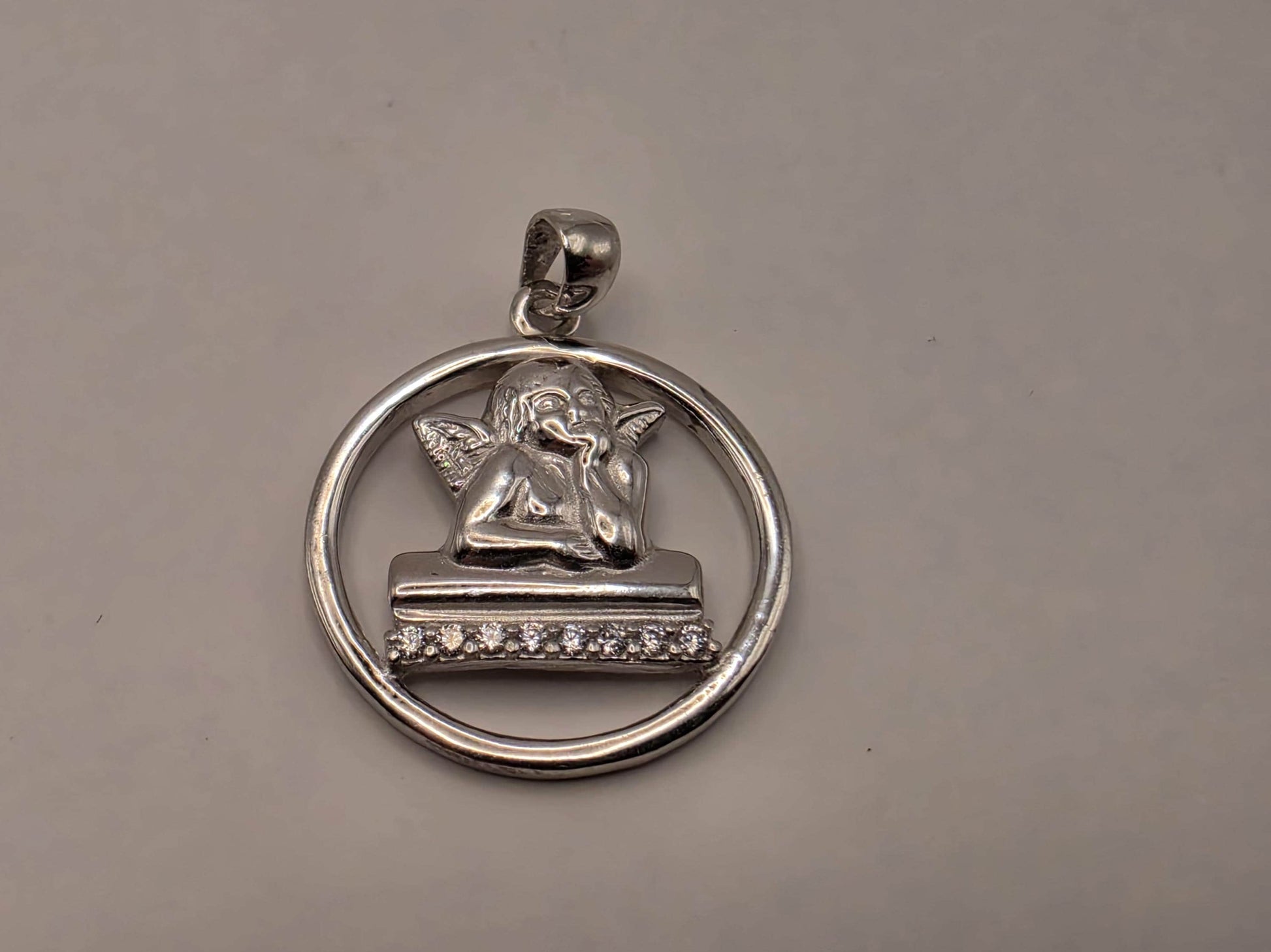 Sterling Silver Cherub Angel Pendant 0.75 Inch 3.5 Grams CZ Accent Round Religious Guardian Jewelry Gift