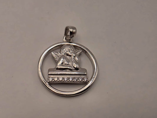 Sterling Silver Cherub Angel Pendant 0.75 Inch 3.5 Grams CZ Accent Round Religious Guardian Jewelry Gift