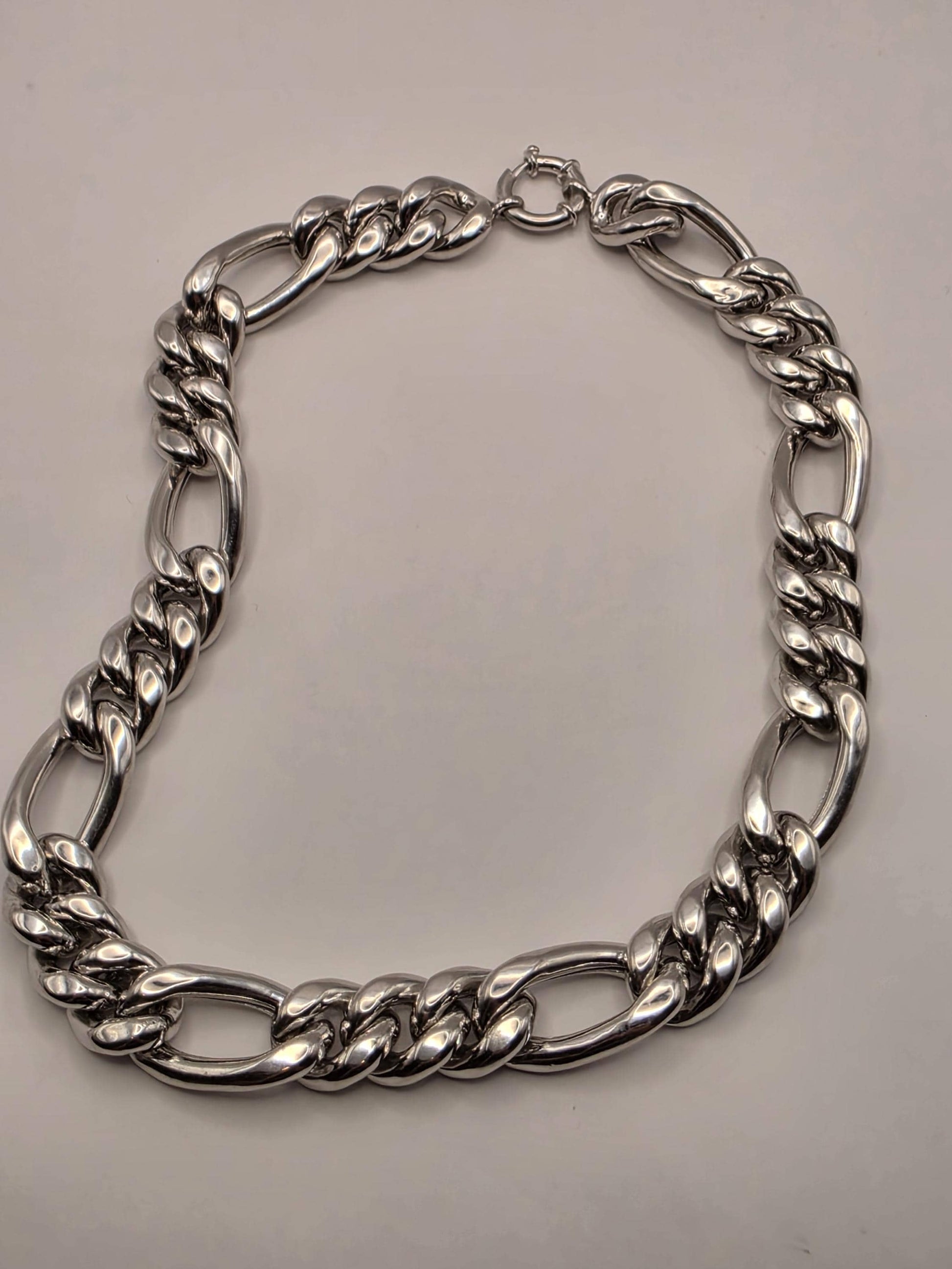 Heavy Sterling Silver Semi Hollow Figaro Chain Necklace 17.75 Inch 16.5mm 80.6 Grams Oversized Statement Jewelry