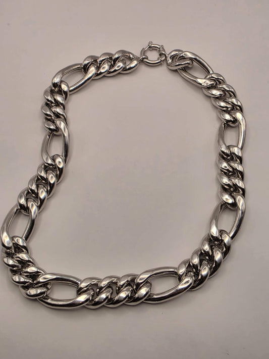 Heavy Sterling Silver Semi Hollow Figaro Chain Necklace 17.75 Inch 16.5mm 80.6 Grams Oversized Statement Jewelry