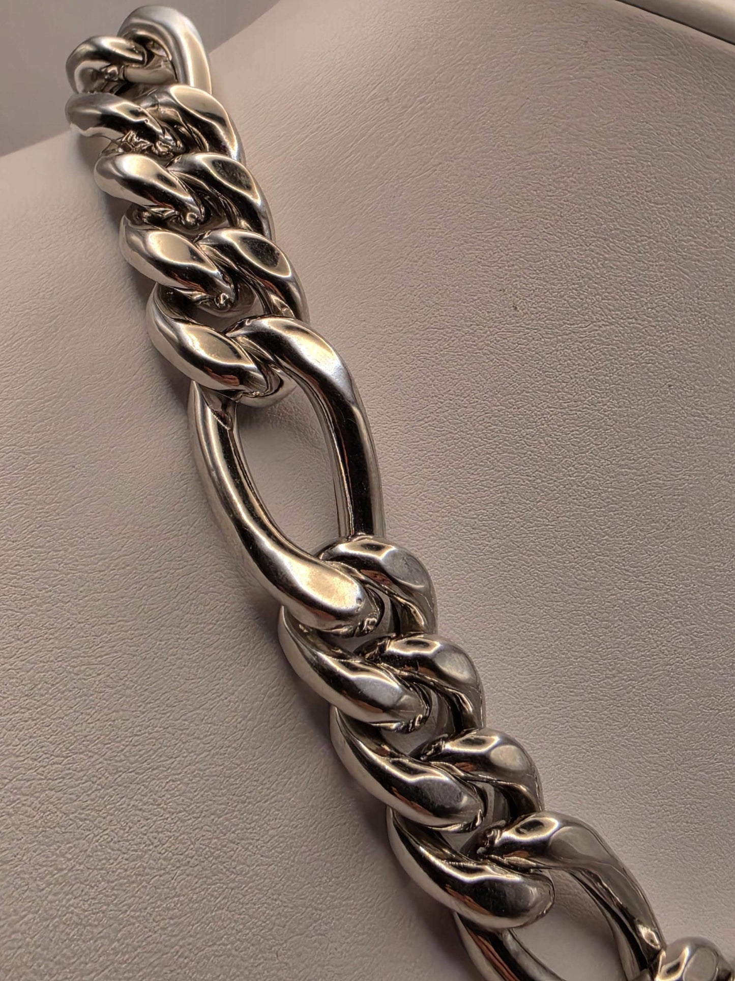 Heavy Sterling Silver Semi Hollow Figaro Chain Necklace 17.75 Inch 16.5mm 80.6 Grams Oversized Statement Jewelry