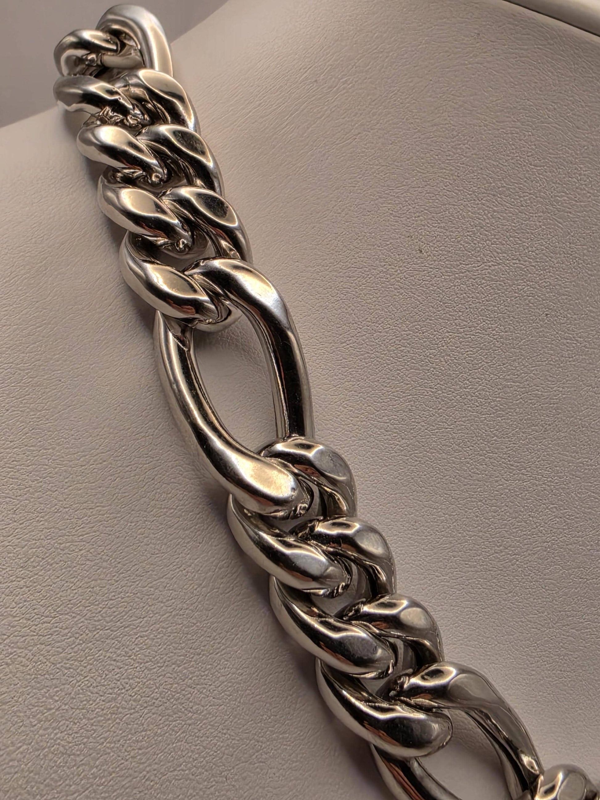 Heavy Sterling Silver Semi Hollow Figaro Chain Necklace 17.75 Inch 16.5mm 80.6 Grams Oversized Statement Jewelry