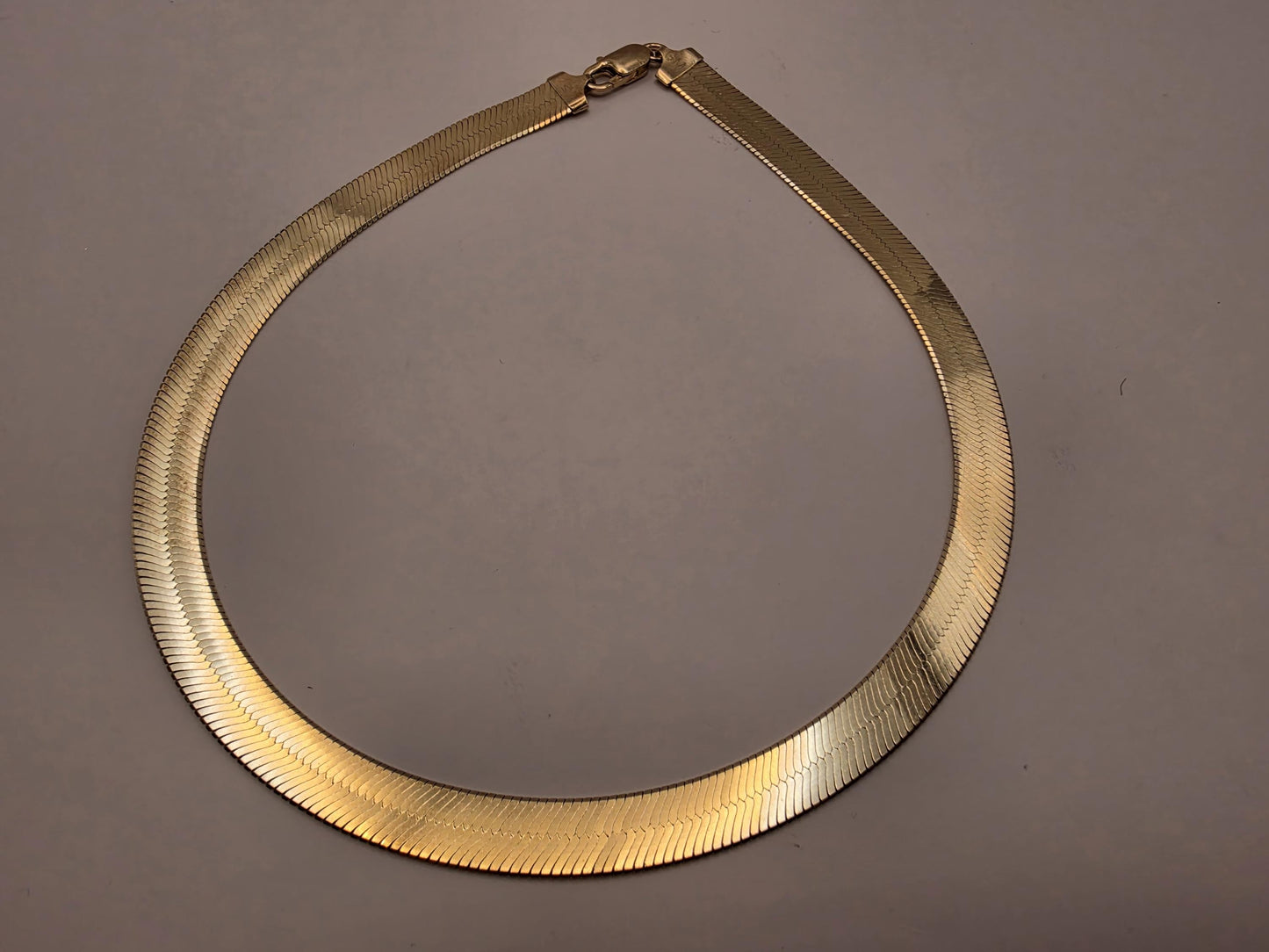 Gold Plated Sterling Silver Herringbone Chain Necklace 16 Inch 9.2mm 25.8 Grams Wide Flat Statement Jewelry