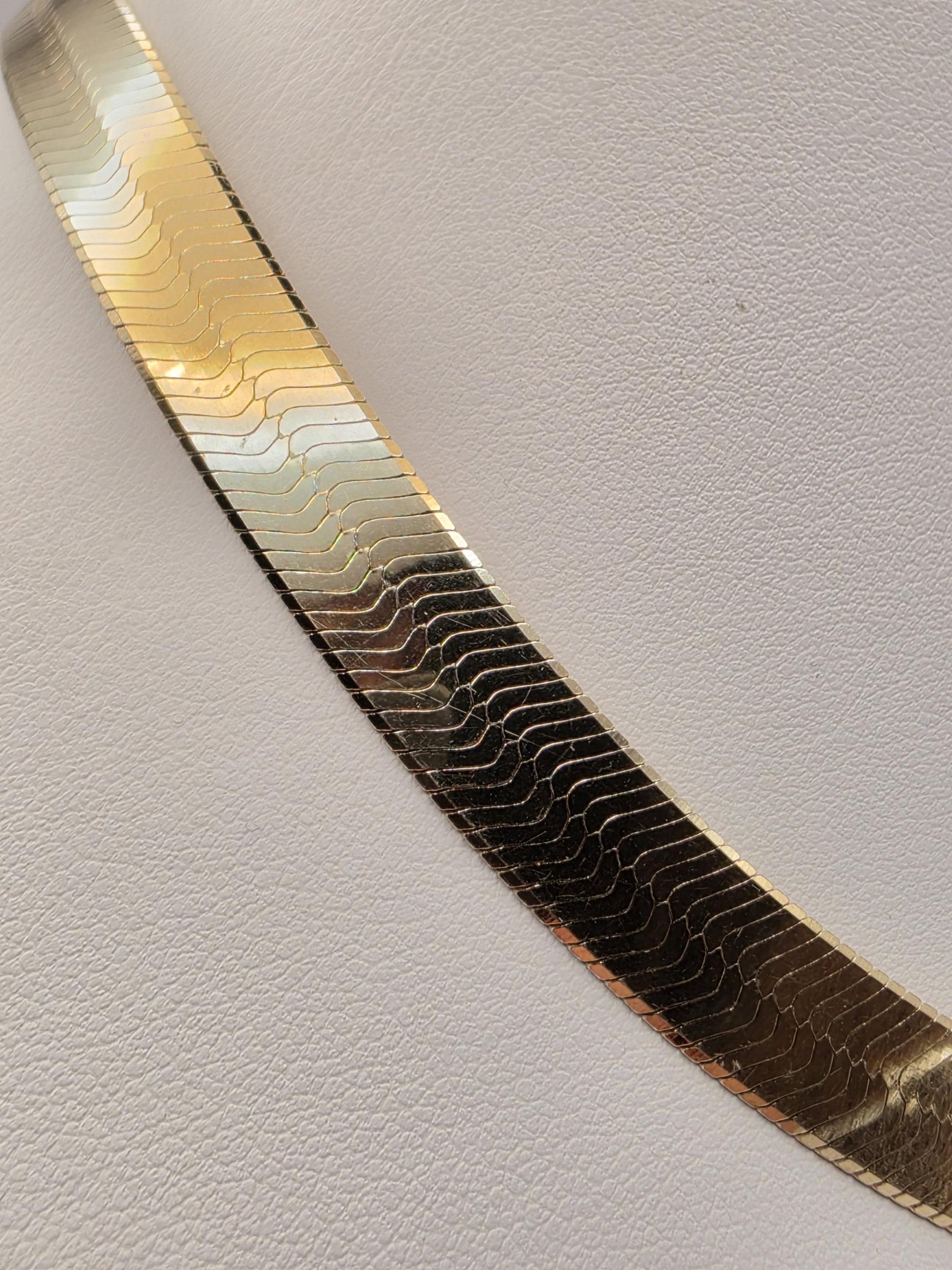 Gold Plated Sterling Silver Herringbone Chain Necklace 16 Inch 9.2mm 25.8 Grams Wide Flat Statement Jewelry