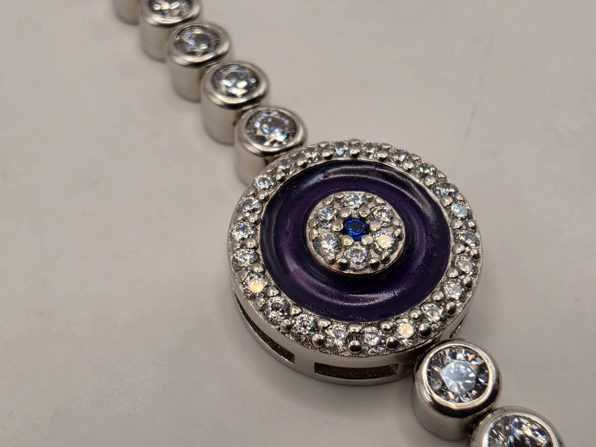 Sterling Silver Purple Evil Eye CZ Bracelet 7 Inch 11.1 Grams Three Station Nazar Tennis Style Protection Jewelry