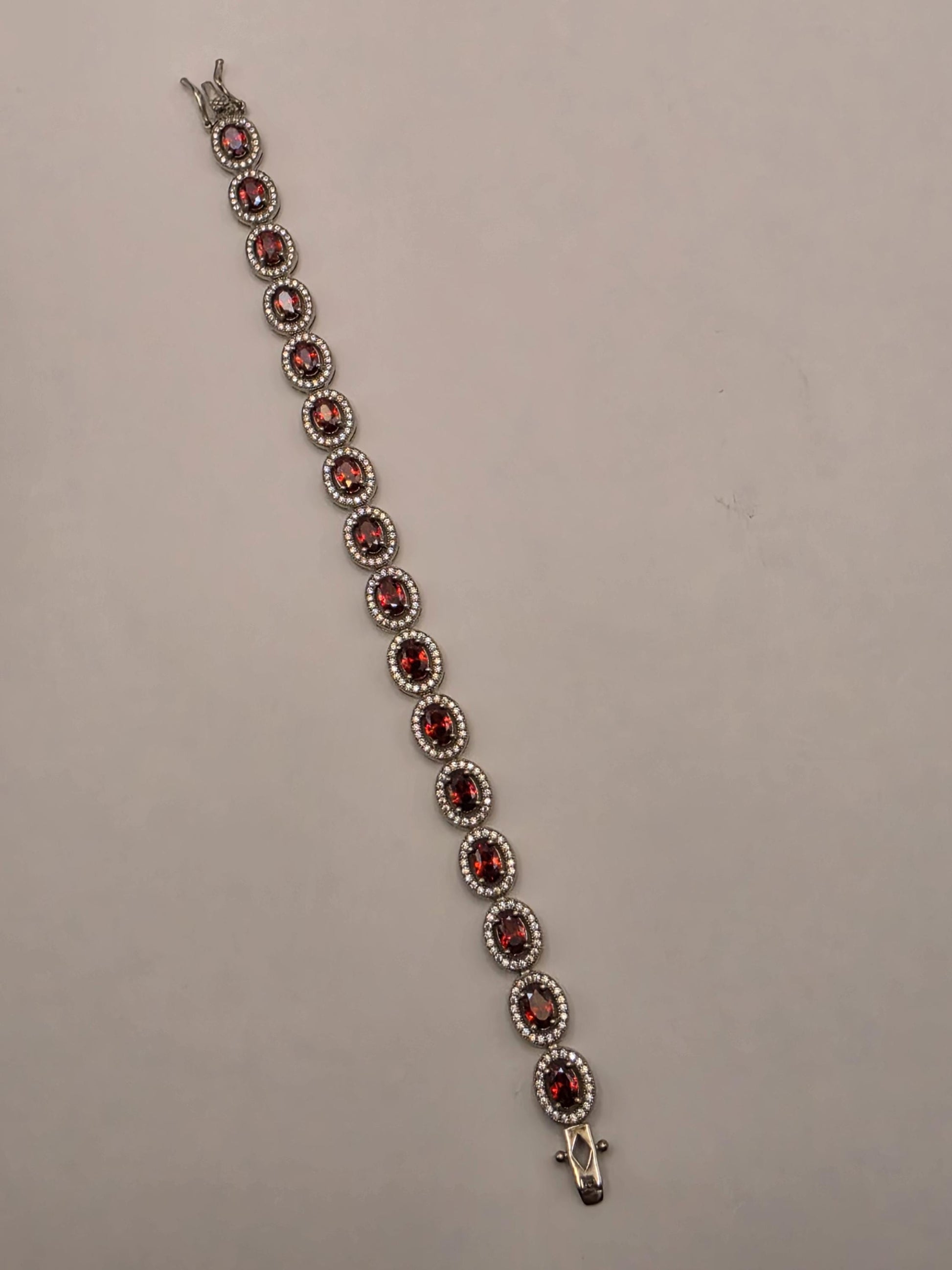 Sterling Silver Natural Garnet CZ Halo Tennis Bracelet 7 Inch 8.5mm 16 Grams Oval Red Gemstone Statement Jewelry